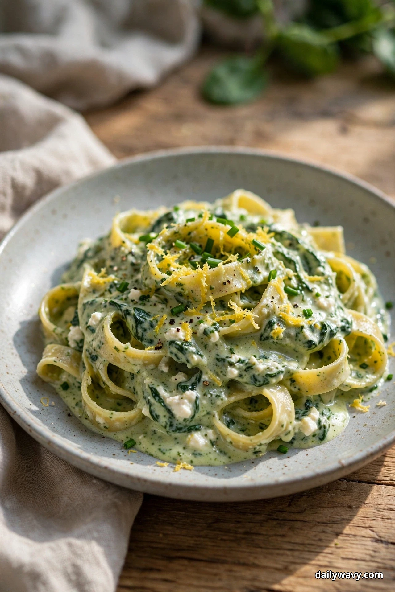 A speckled shallow bowl of tagliatelle ribbons in creamy spinach sauce topped with lemon zest shreds and snipped chives sits on a wooden table with linen beside it