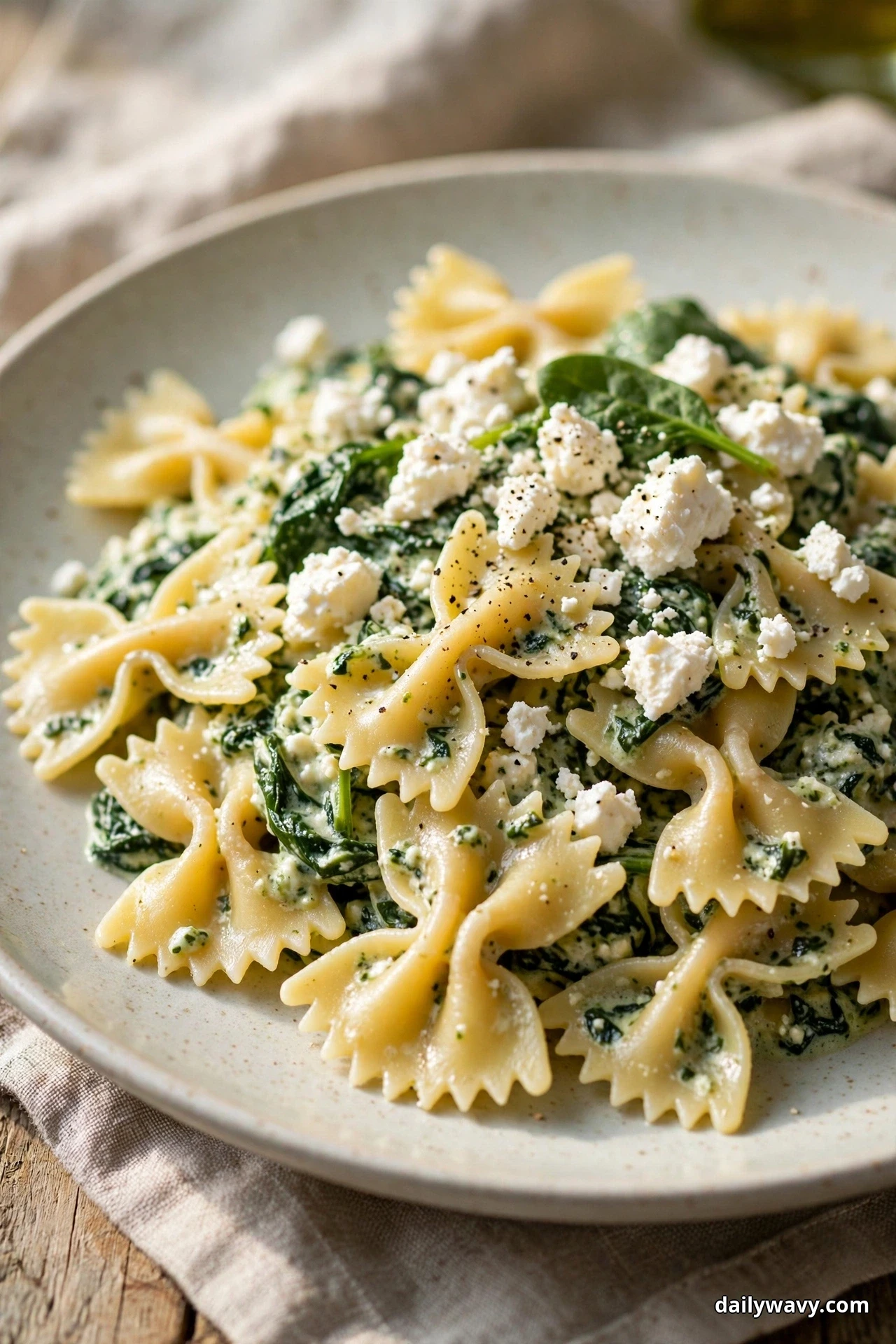 A close view of farfalle bow ties in creamy spinach sauce topped with crumbled feta and black pepper fills a speckled plate on linen