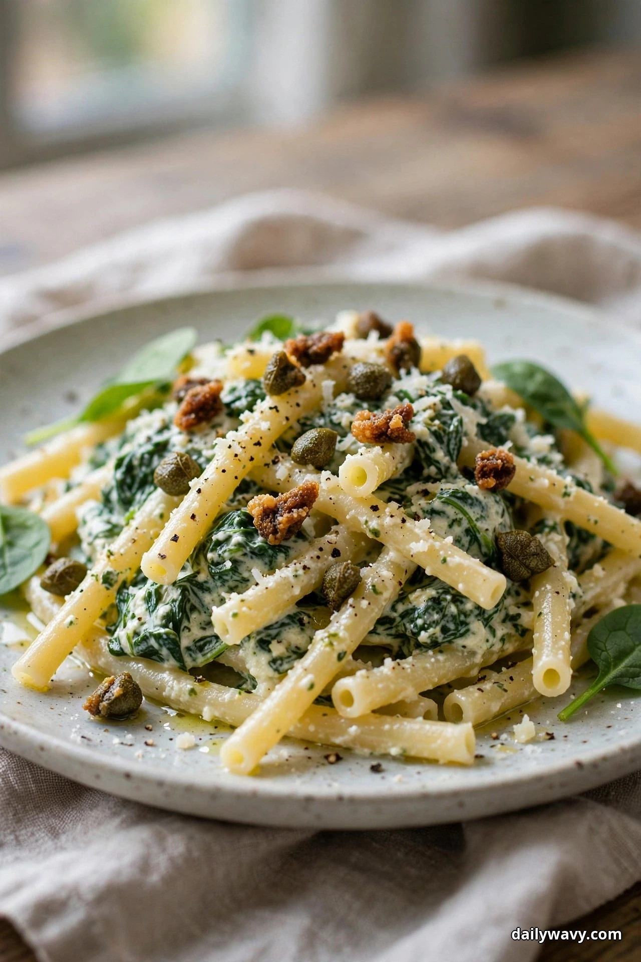 An eye-level view of bucatini strands in creamy spinach ricotta sauce topped with whole and crisped capers and grated cheese fills a speckled plate on linen by a window