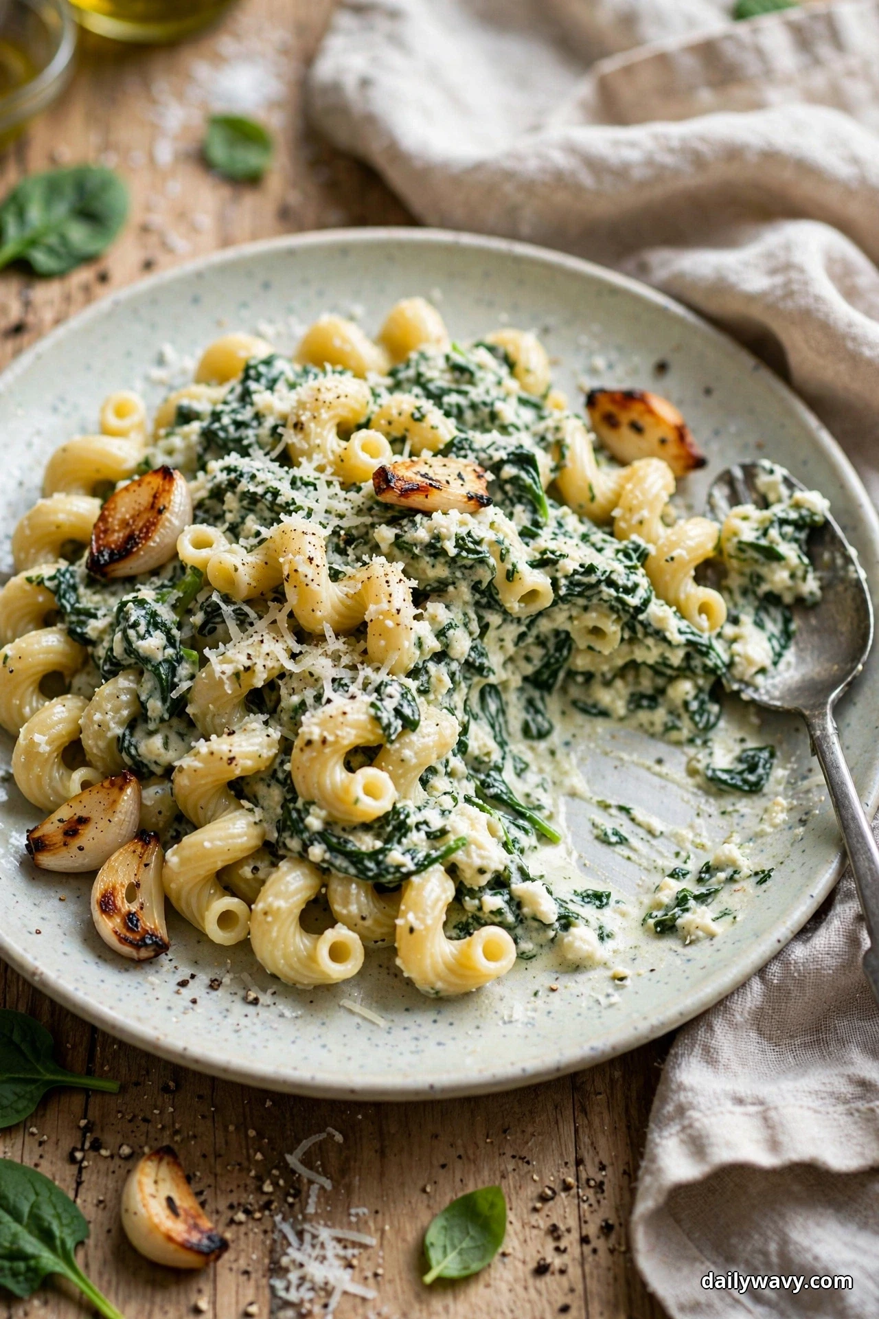 A speckled plate of cavatappi corkscrews in creamy spinach sauce has whole roasted garlic cloves resting on top and a spoon resting in the plate, with one serving removed