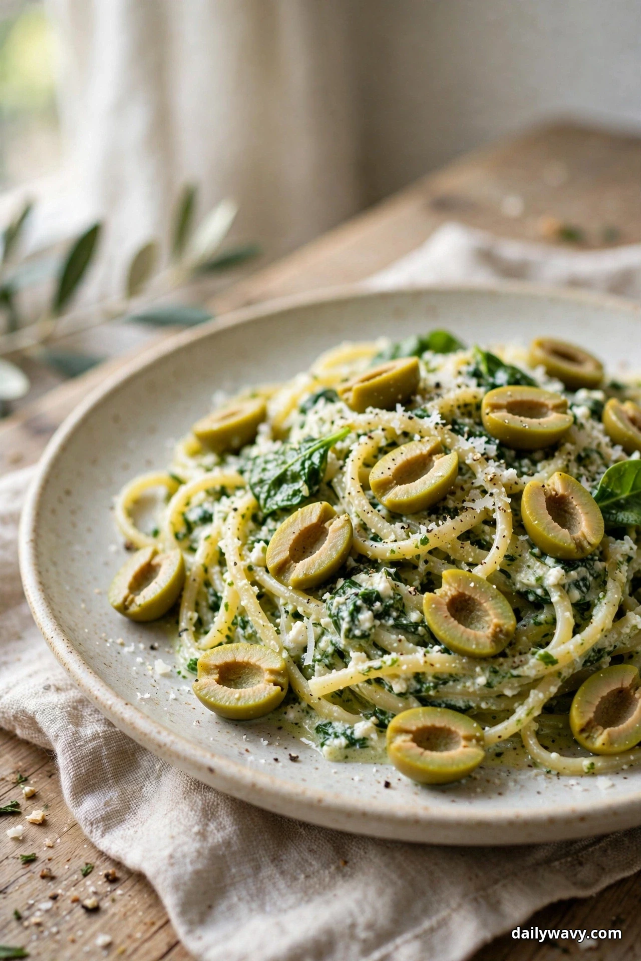 A speckled shallow bowl of linguine strands in creamy spinach sauce topped with halved green olives and grated cheese sits on linen over a wooden table by a window