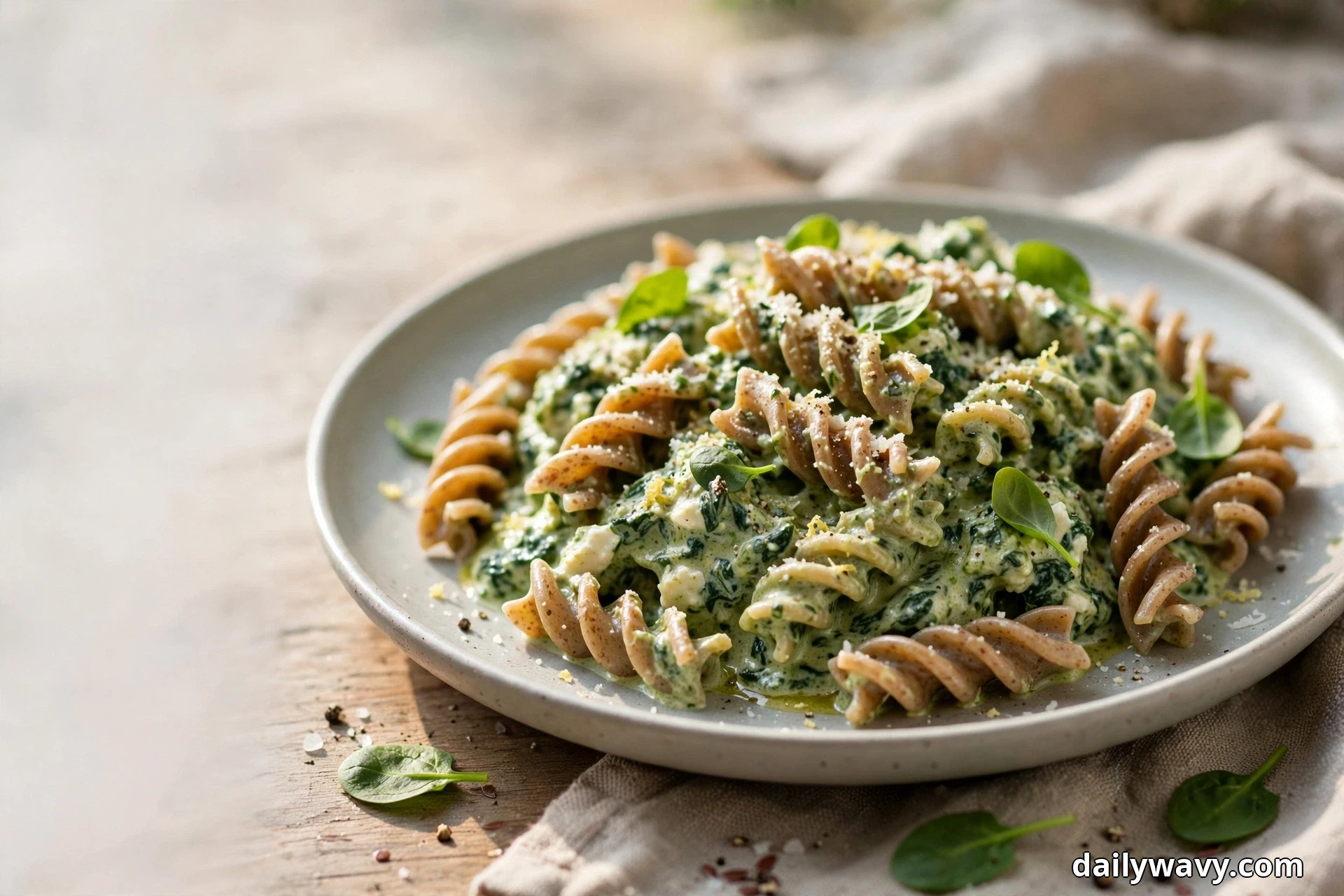 A shallow speckled plate of whole-wheat fusilli twists coated in creamy spinach ricotta sauce and scattered with small fresh spinach leaves sits on a wooden table with linen beside it