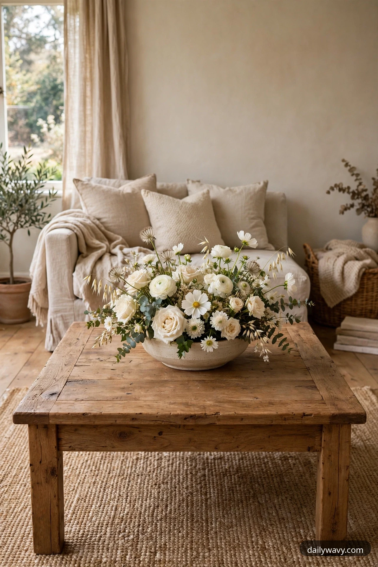A closer view shows a wide speckled stoneware bowl filled with white roses, ranunculus, cosmos, and eucalyptus on a rustic square wooden coffee table in front of a beige loveseat, with most of the tabletop left bare.