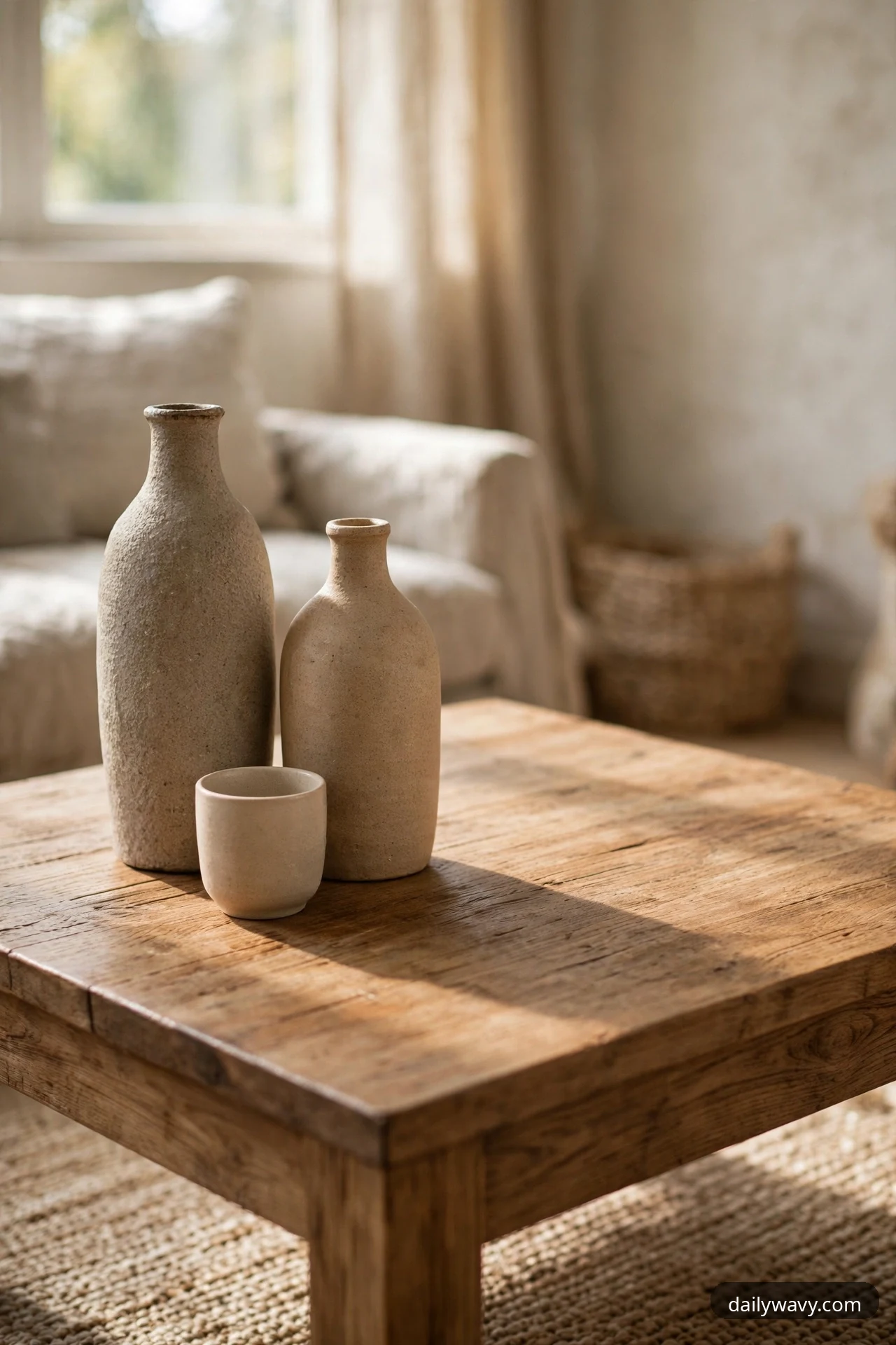Two textured stoneware bottle vases in tall and medium heights stand grouped with a small stoneware cup on one side of a rustic square wooden coffee table, leaving the rest of the surface empty.