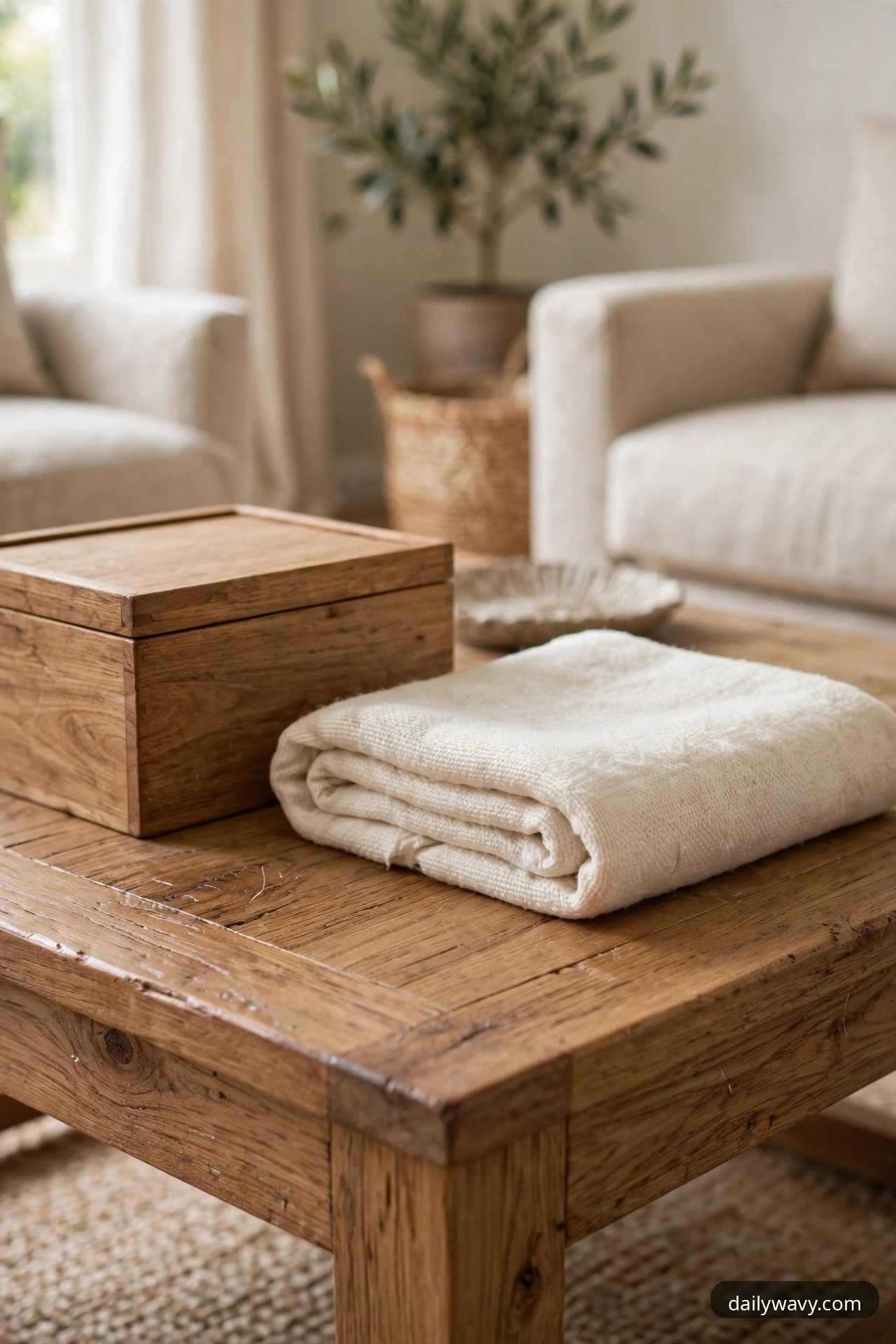 A lidded wooden box sits beside a neatly folded cream throw on a rustic square wooden coffee table, with a shallow woven dish behind them and beige armchairs in the background.