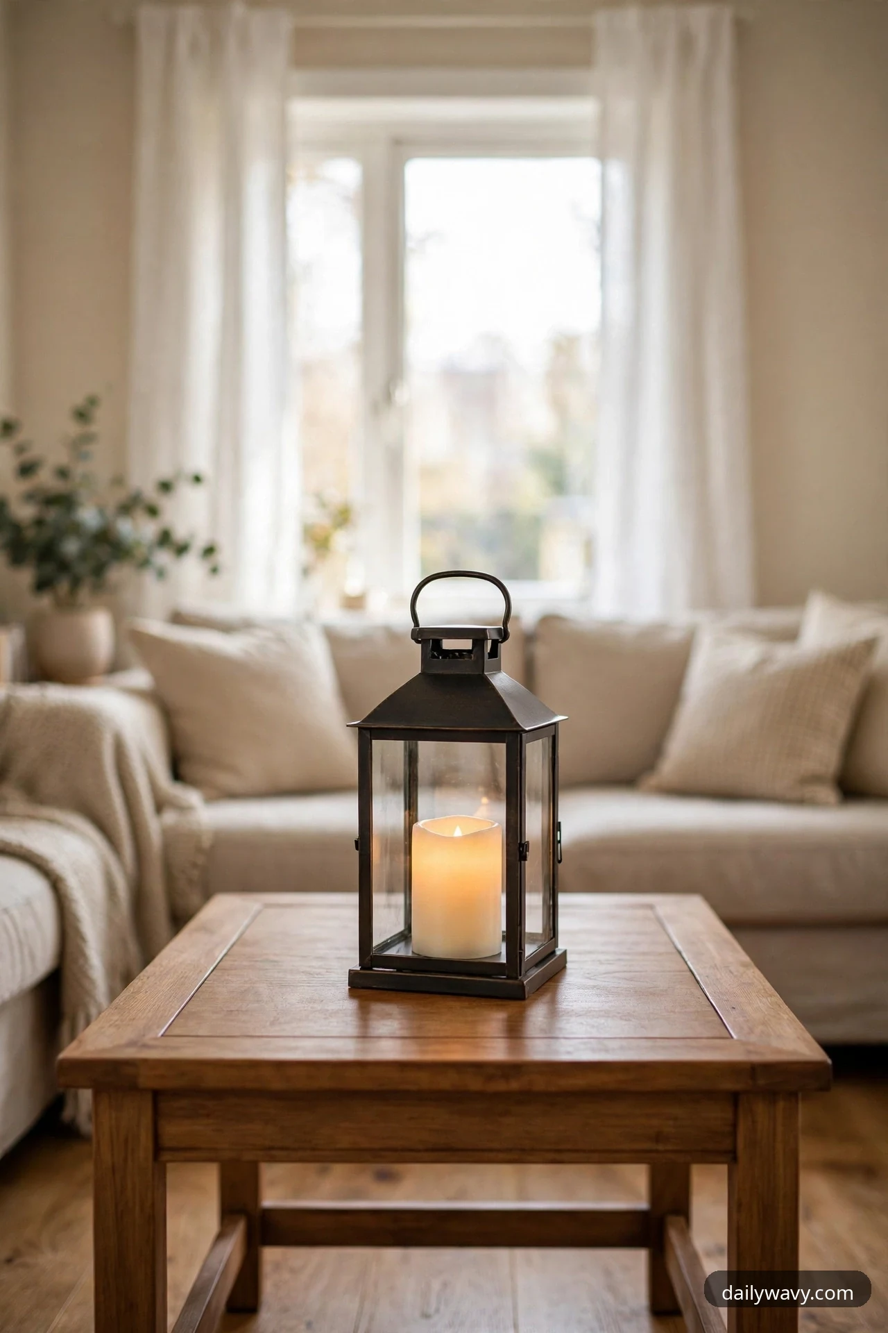 A black metal and glass lantern holding a glowing flameless candle stands on a square wooden coffee table in front of a beige sectional sofa, with sheer curtains over the window behind.
