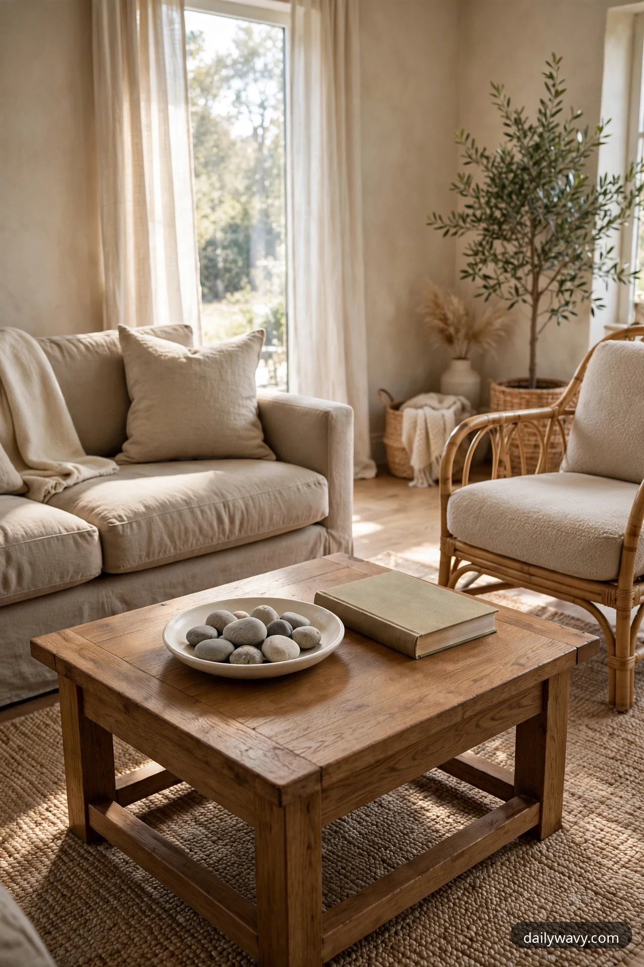 A shallow ceramic plate filled with smooth gray river stones sits beside a closed hardcover book on a square wooden coffee table between a beige sofa and a rattan armchair.