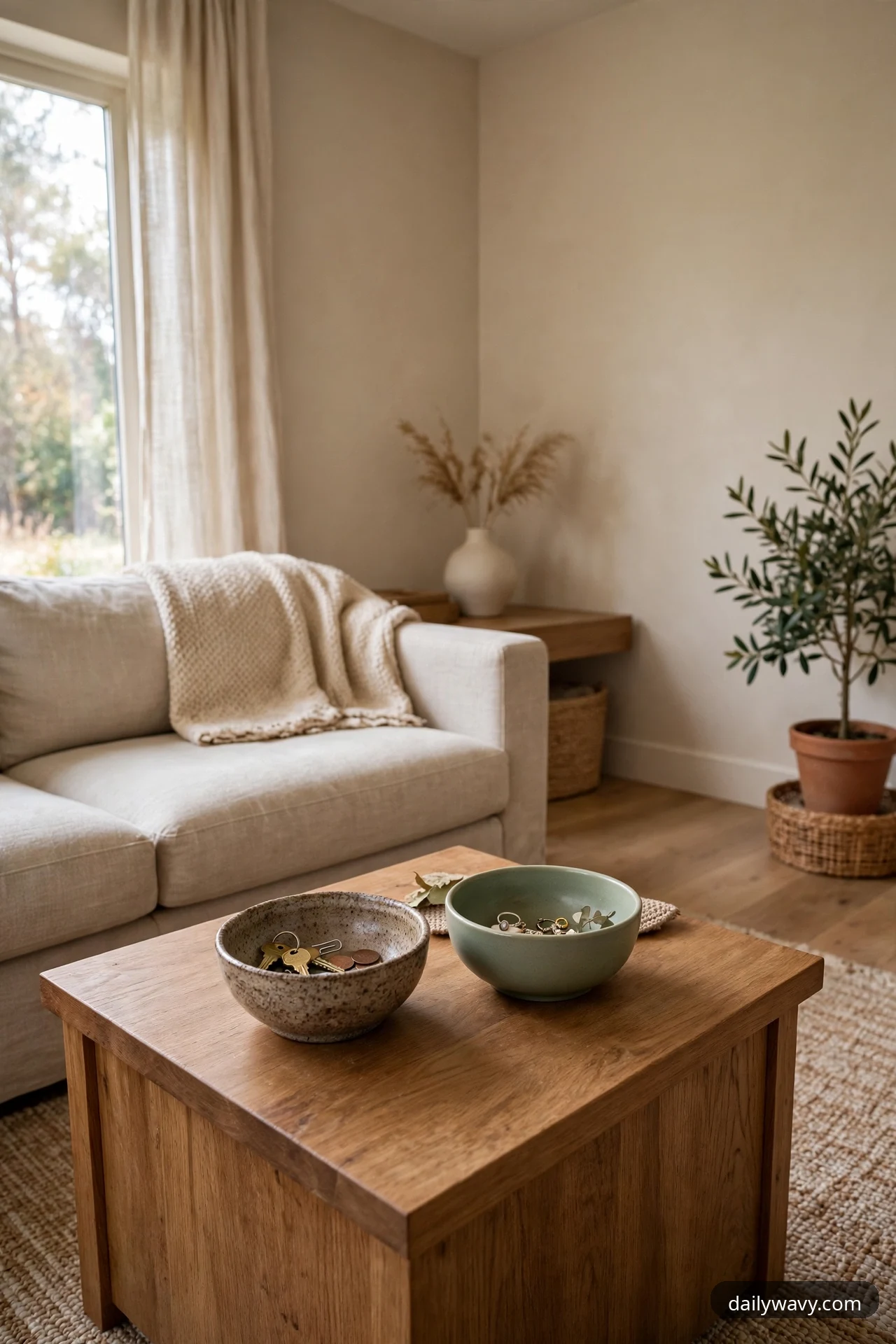 A speckled stoneware bowl holding keys and coins sits beside a sage green glazed bowl holding small trinkets on a square wooden coffee table in front of a beige sofa.