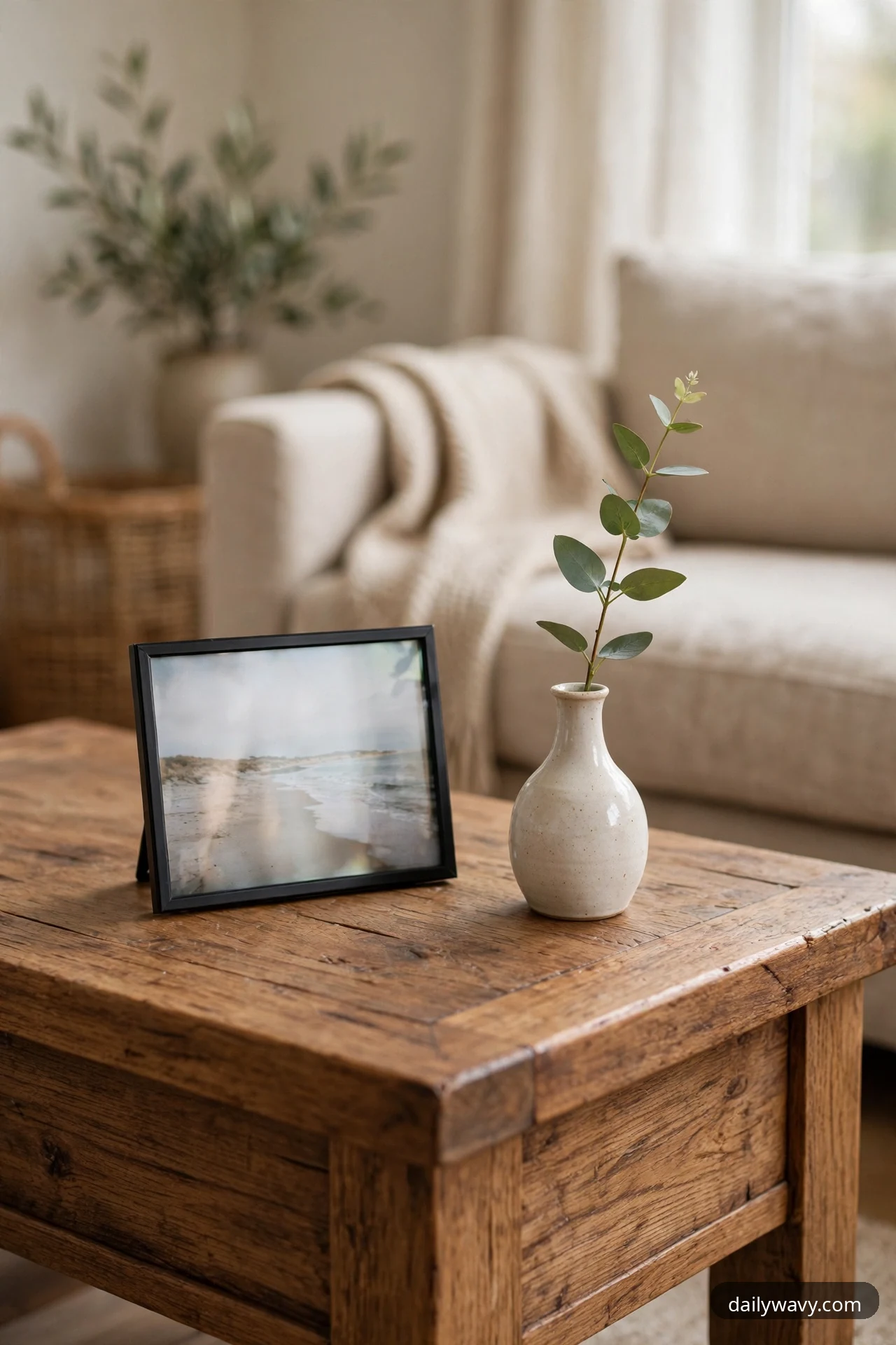 A small black-framed landscape print stands beside a white ceramic bud vase holding a single eucalyptus stem on a rustic square wooden coffee table in front of a beige sofa.