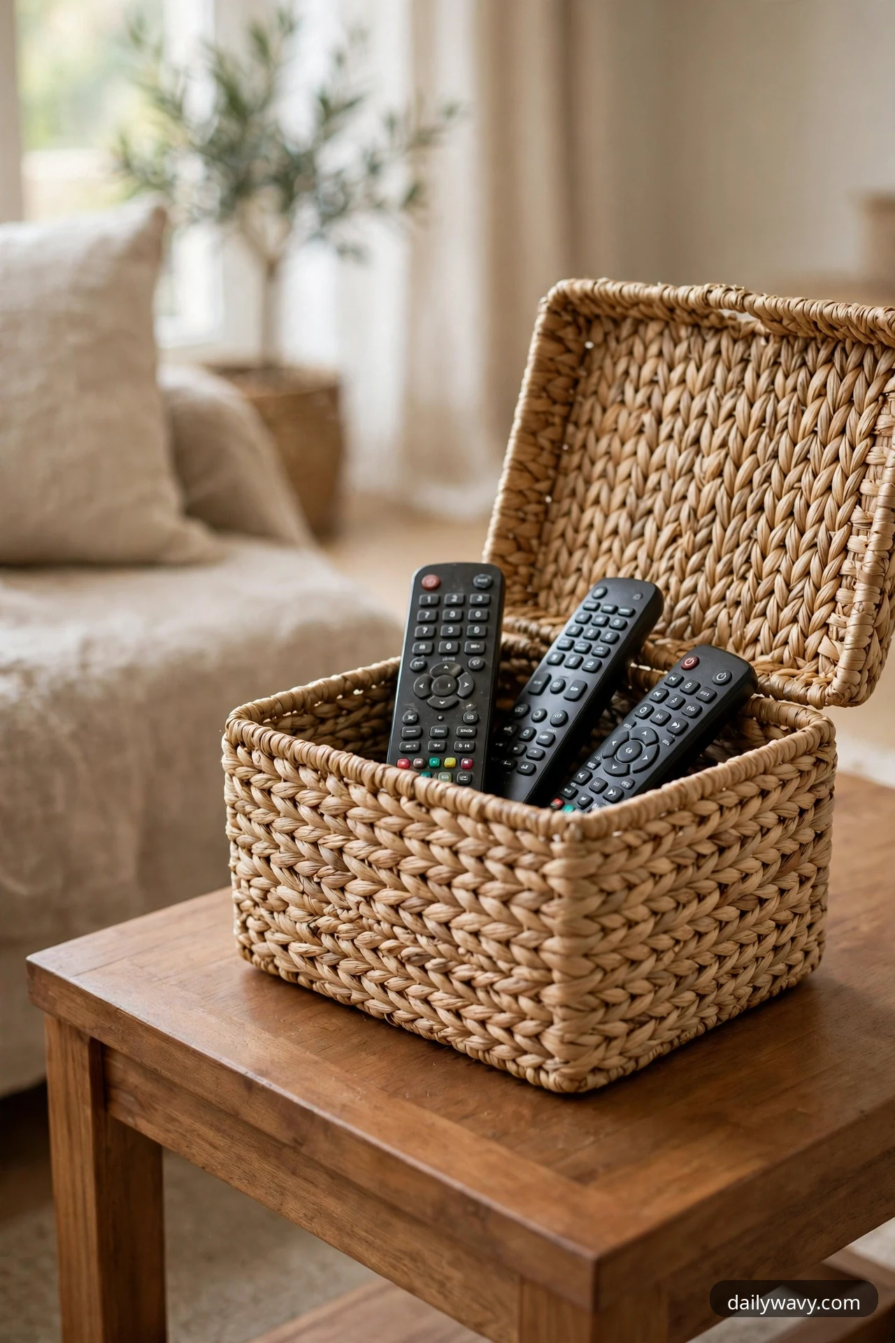 An open woven seagrass basket with its lid raised holds three black television remotes on a square wooden coffee table beside a beige sofa.