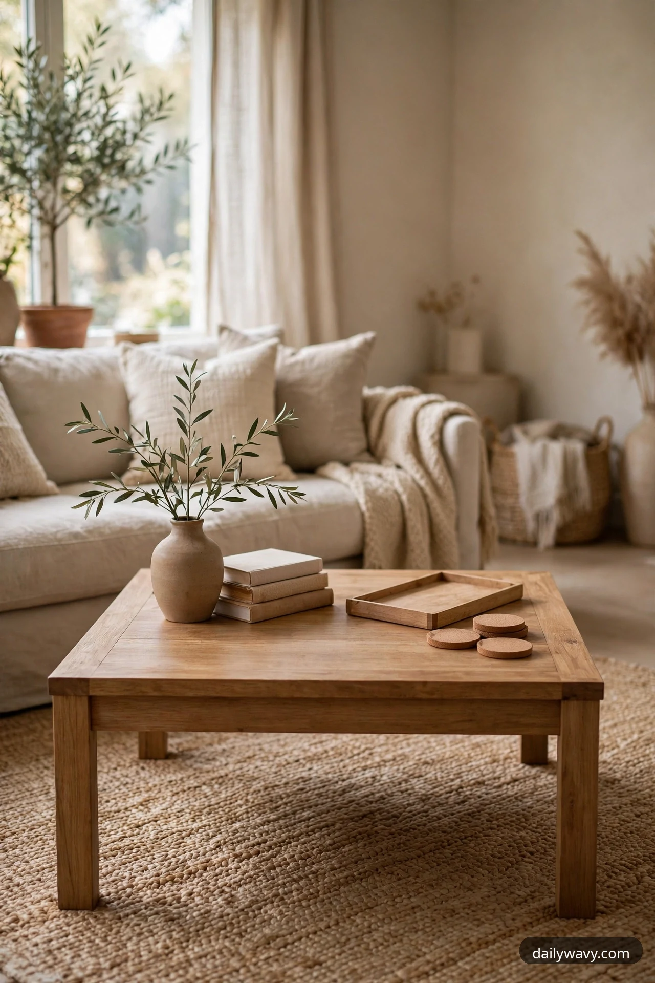 A stoneware vase with olive branches and a stack of three books are clustered on the left side of a square wooden coffee table, while an empty wooden tray and round cork coasters leave the right side open for serving.