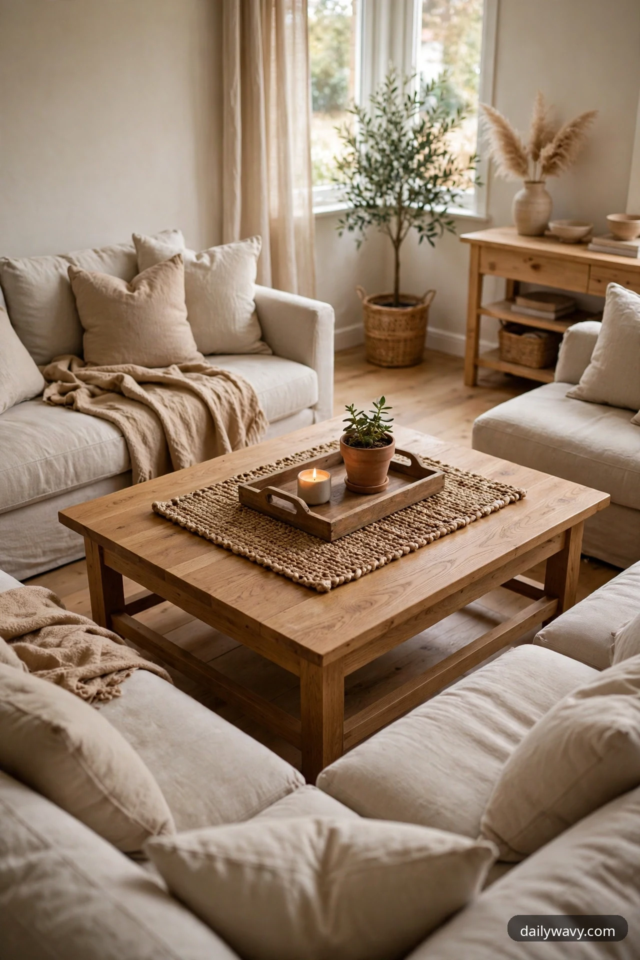 A woven jute mat centered on a square wooden coffee table holds a wooden tray with a lit candle in a glass holder and a small terracotta pot with a succulent, surrounded by beige sofas.
