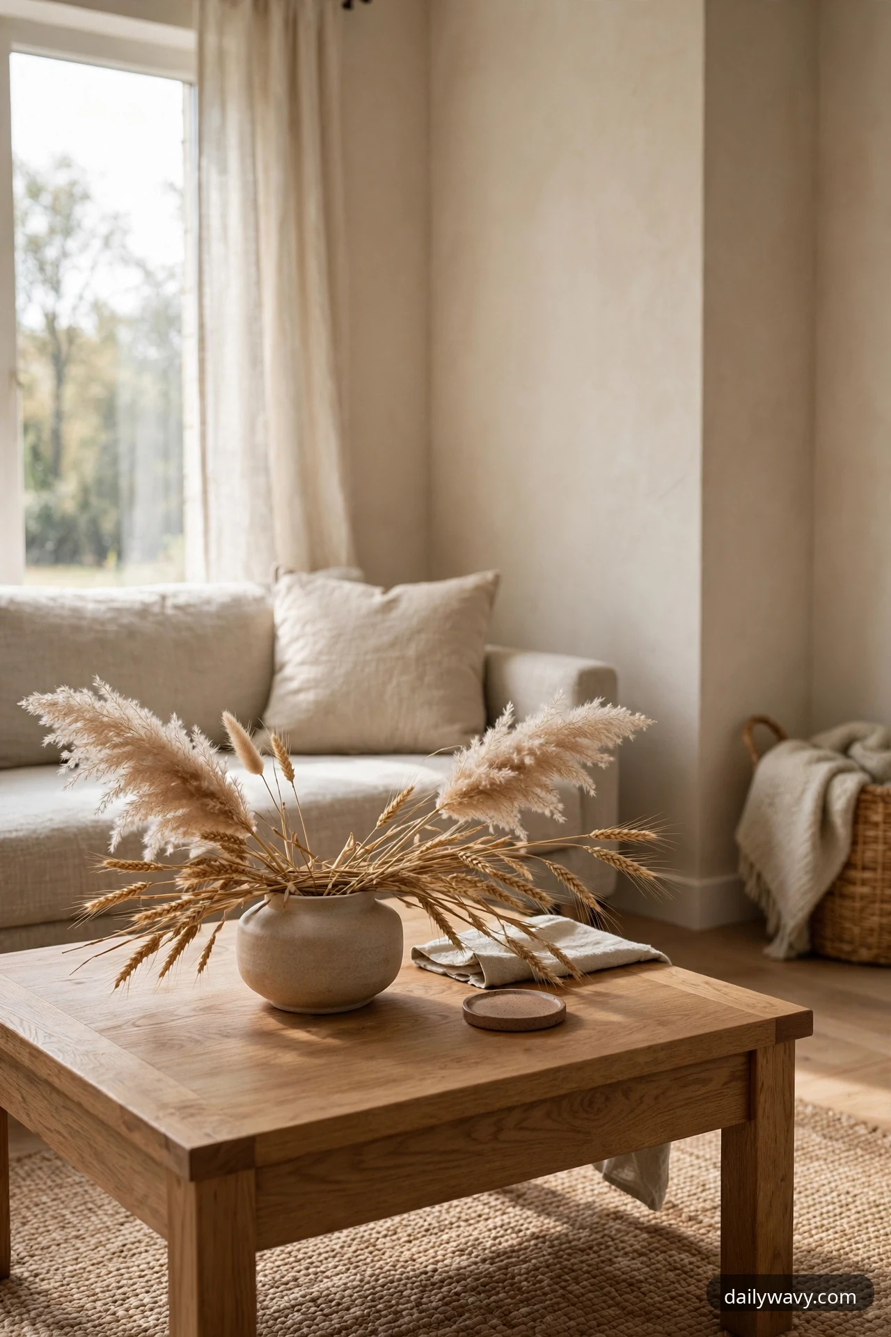 A squat stoneware vase holding dried pampas plumes and wheat stems fans out across a square wooden coffee table, with a folded cloth and a small ceramic dish beside it.