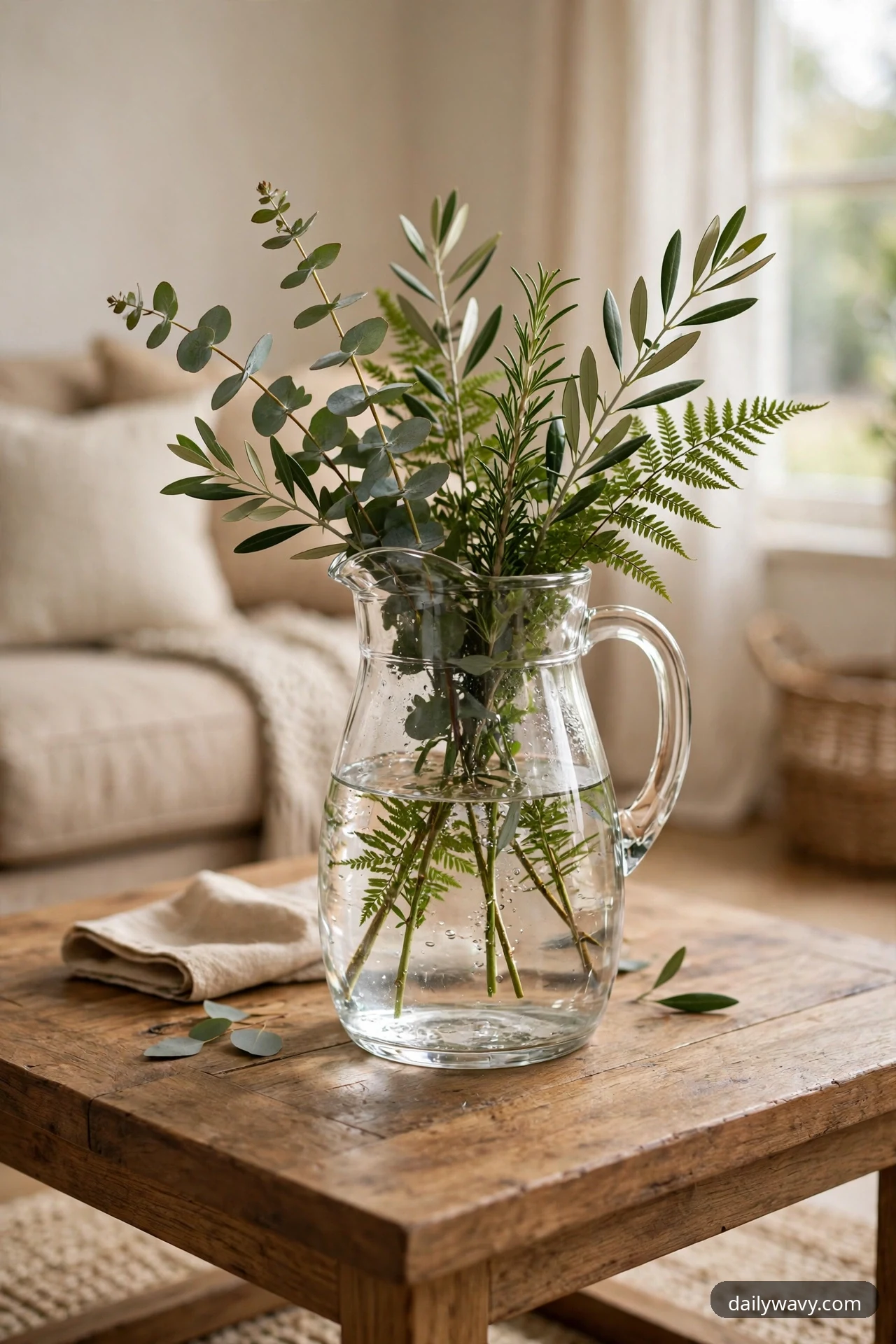 A clear glass pitcher filled with water holds fresh eucalyptus, olive, rosemary, and fern stems on a rustic square wooden coffee table, with a folded linen cloth beside it.