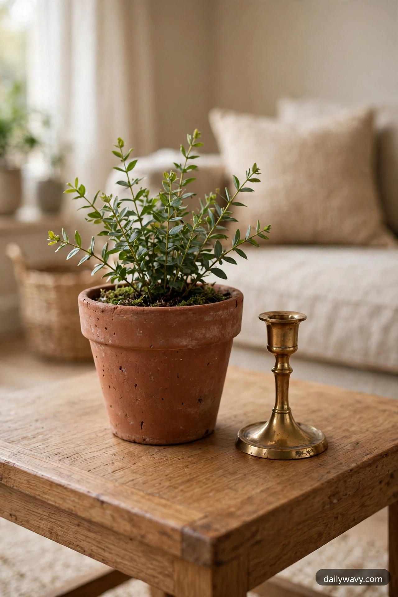 A terracotta pot with a leafy green plant stands beside a brass candlestick in one corner of a square wooden coffee table in front of a beige sofa.