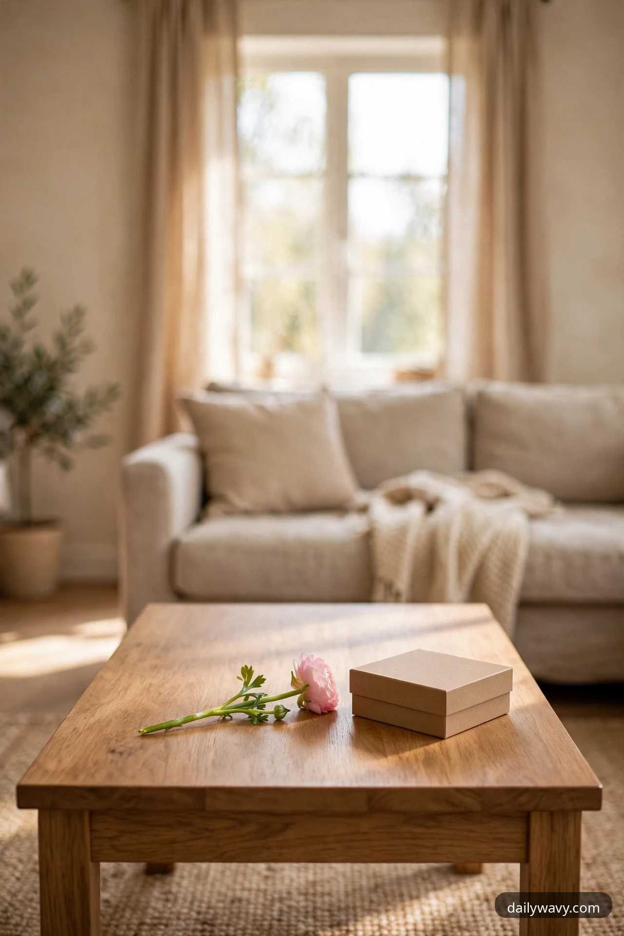 A small plain kraft game box sits beside a single pink ranunculus stem lying on an otherwise bare square wooden coffee table in front of a beige sofa.