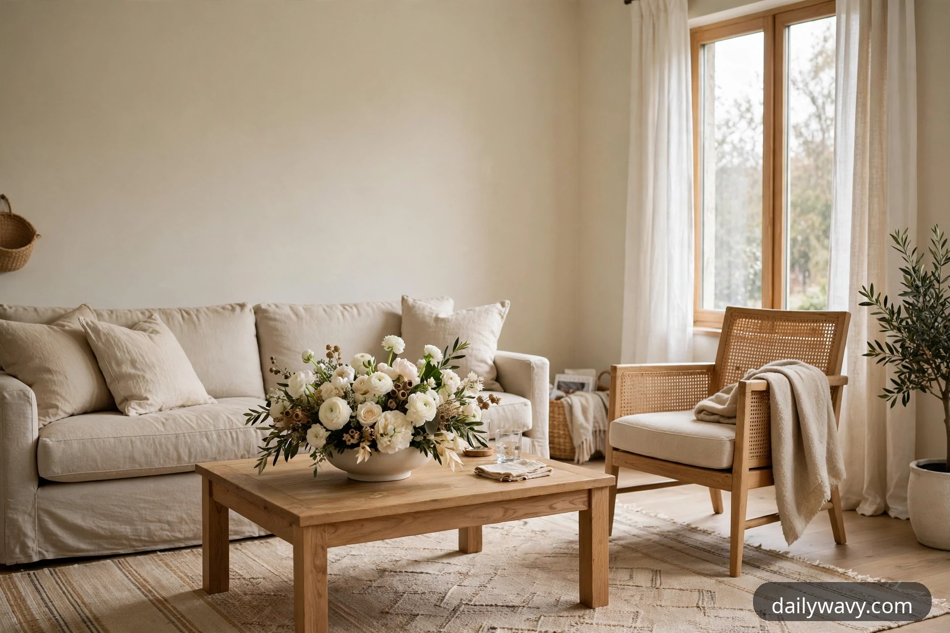 A wide view of a warm neutral living room shows a light wood square coffee table holding a wide low bowl of white and cream flowers, a drinking glass, and a folded cloth, in front of a beige linen sofa with a cane armchair beside a tall window.