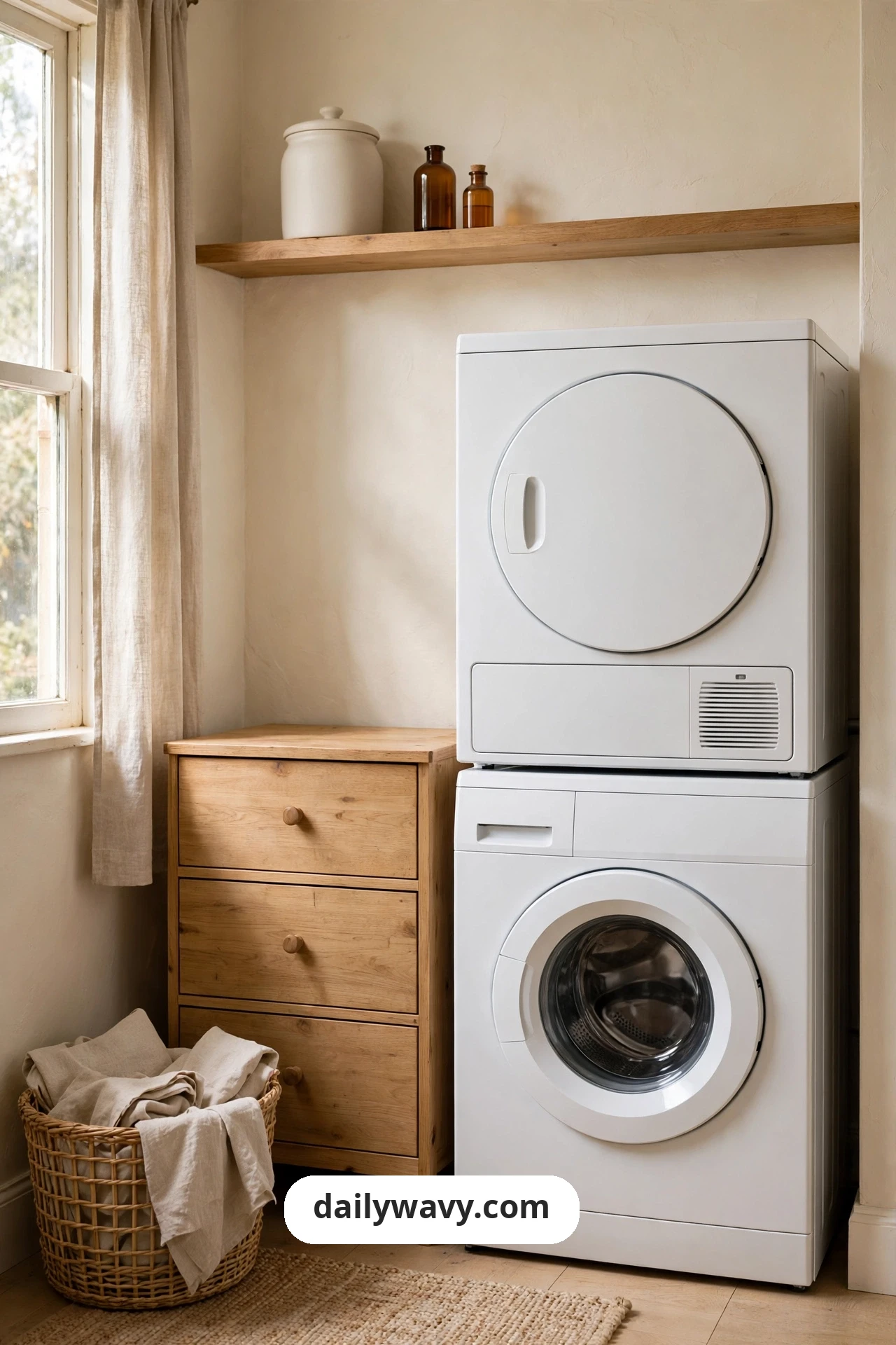 A white lidded ceramic canister and two amber glass bottles sit on a wooden shelf above a small wood chest of drawers beside a stacked washer and dryer.