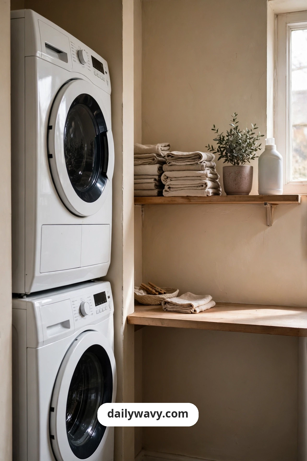 A wooden shelf above a wood counter beside a stacked washer and dryer holds folded beige linens, a small potted plant and a white detergent bottle.