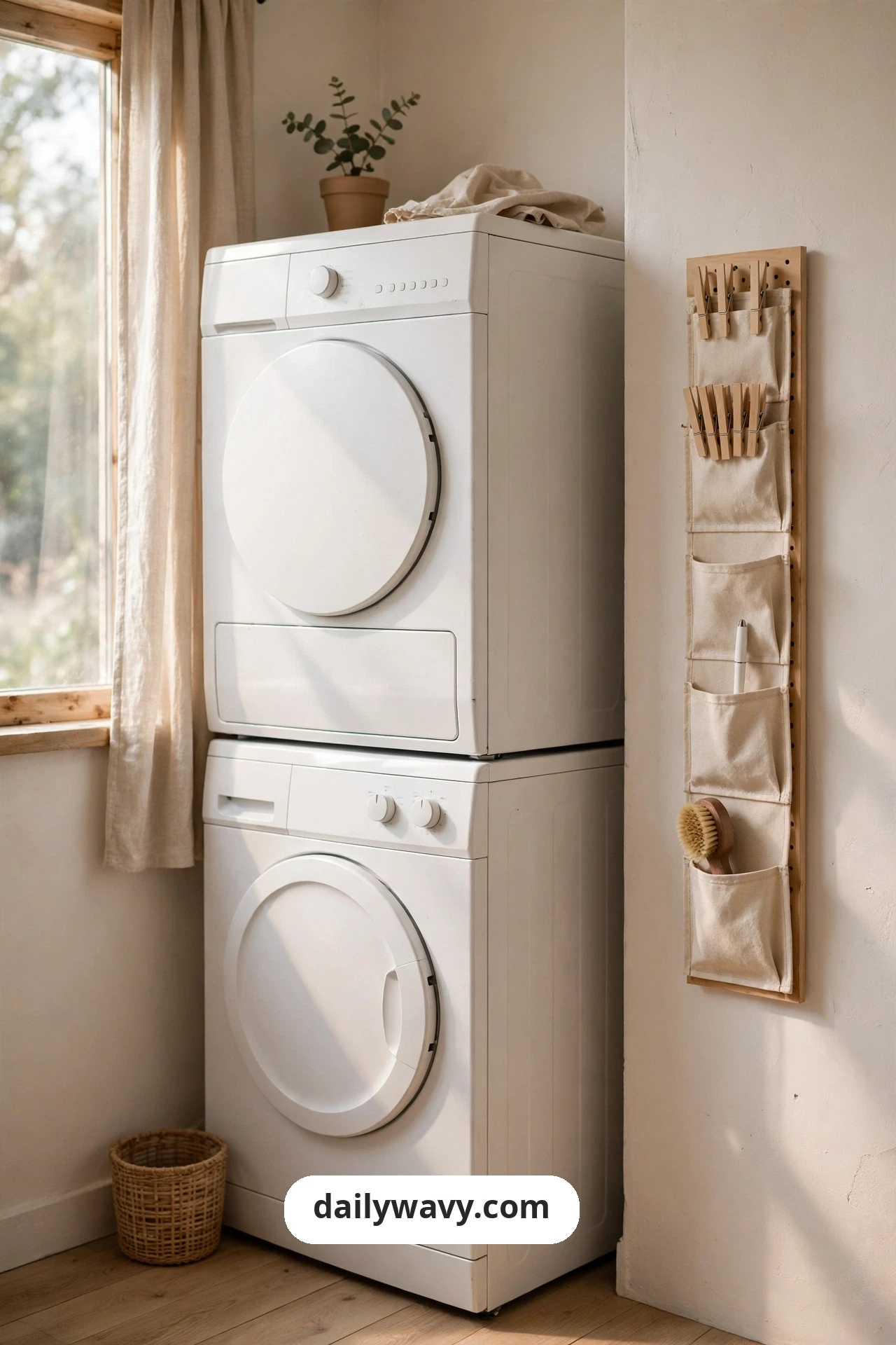 A vertical canvas pocket organizer mounted on the wall beside a stacked washer and dryer holds wooden clothespins, a white pen and a small brush.