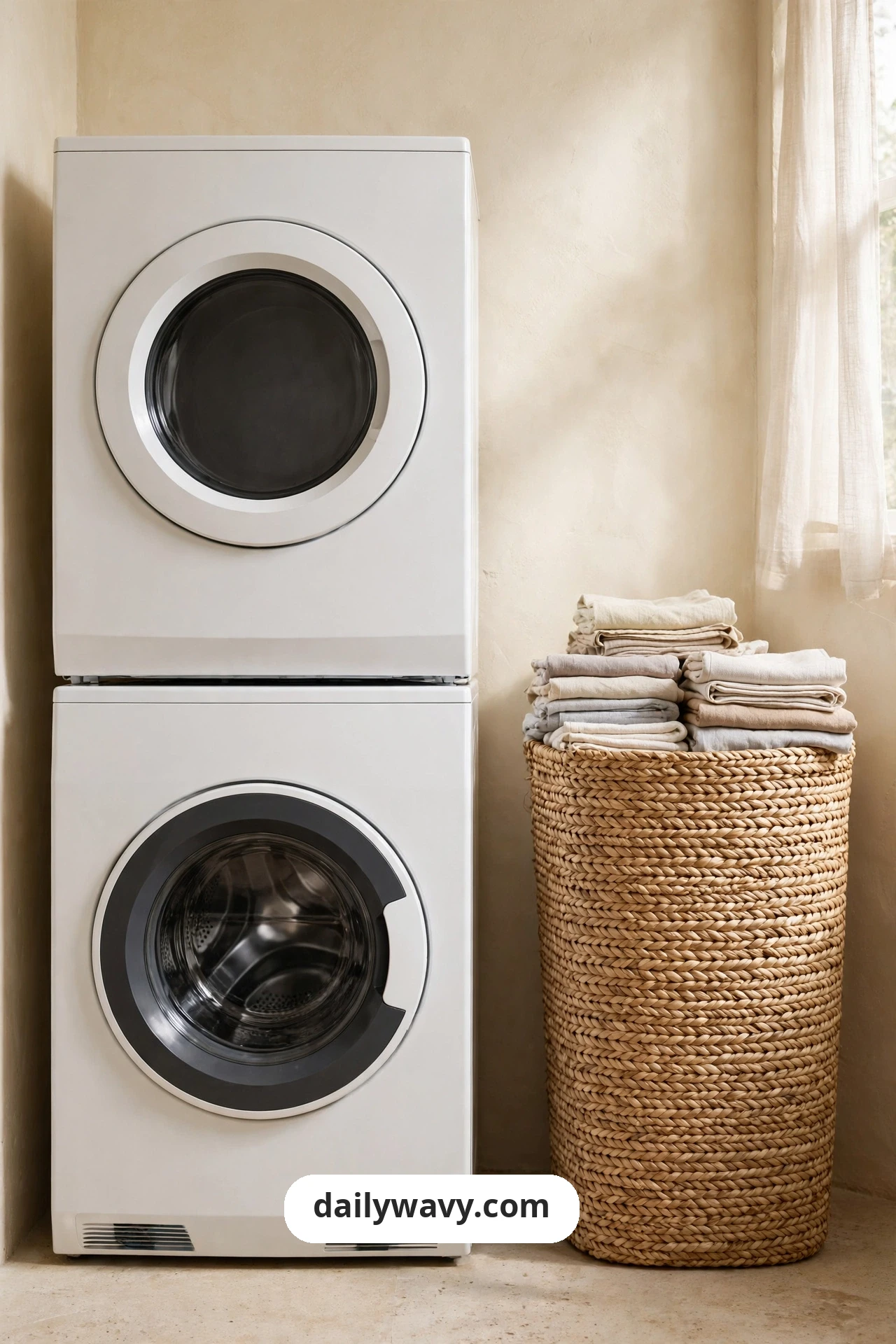 A tall woven basket filled with neatly folded cleaning cloths stands in the narrow space beside a stacked washer and dryer.