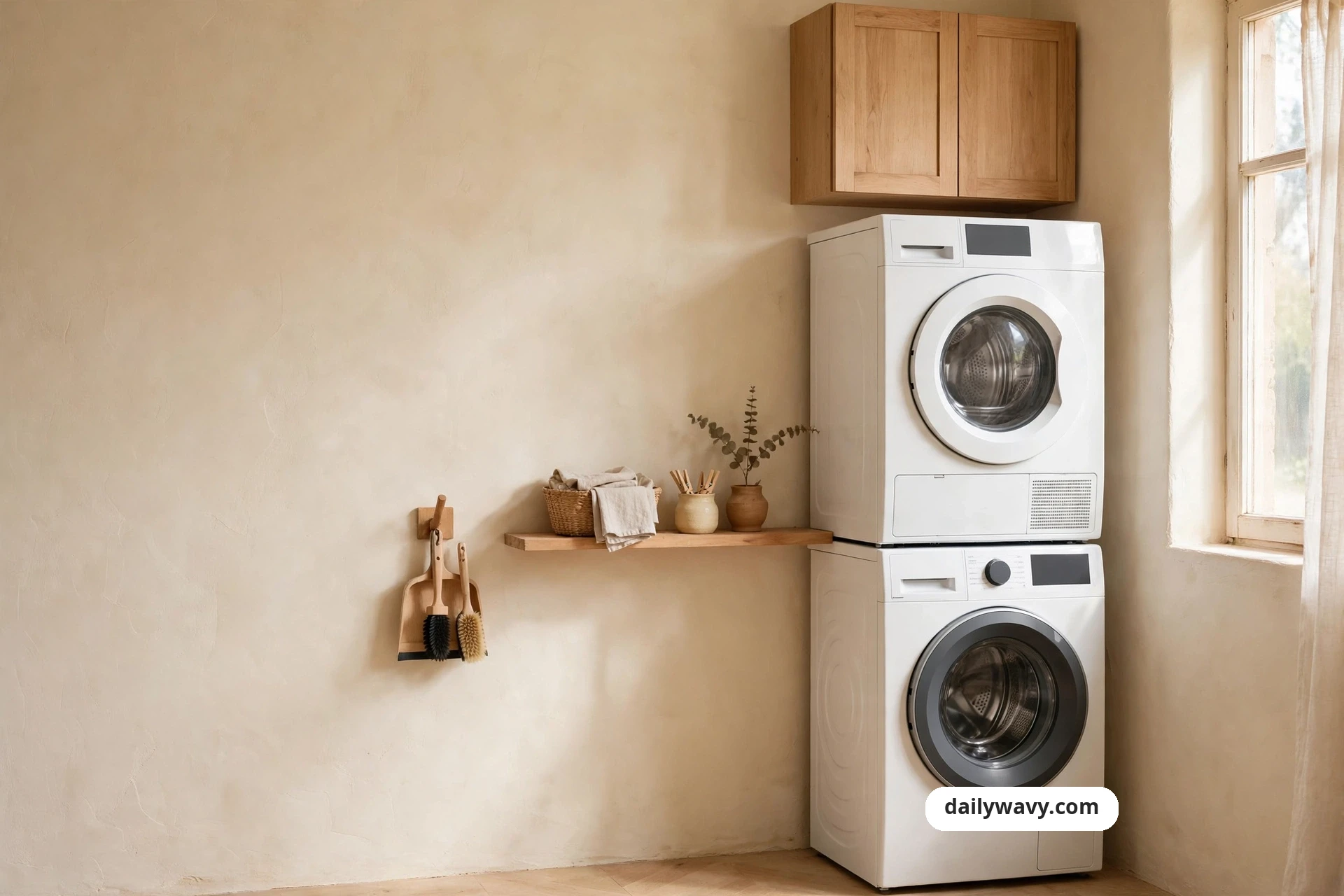 A wide view of a laundry nook shows a white stacked washer and dryer beneath a light wood wall cabinet, with a wooden shelf holding a woven basket of cloths and ceramic pots and a wall hook holding a dustpan and brushes.