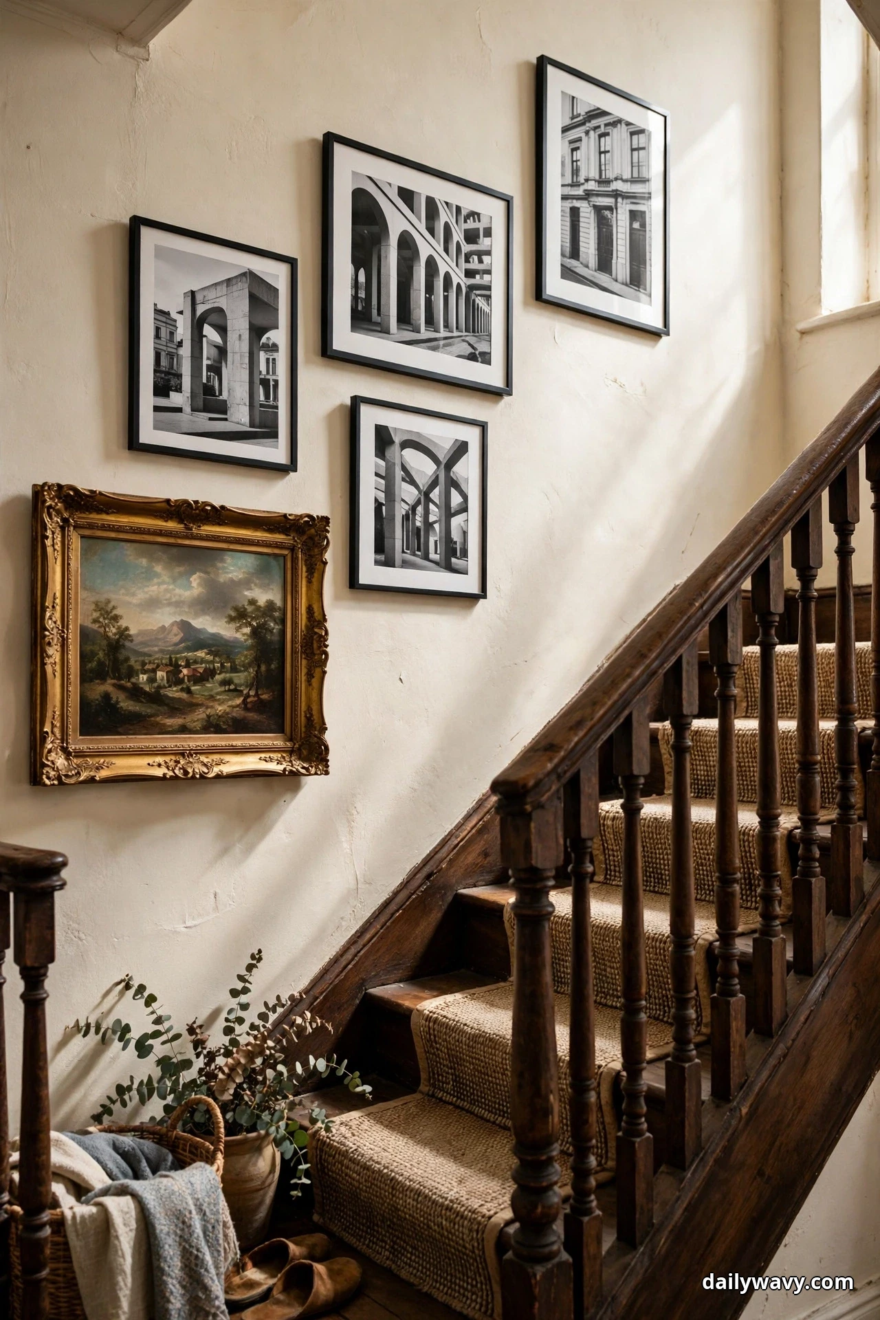 An ornate gold-framed landscape painting hangs low on a stair wall beneath four thin black frames holding black-and-white architecture photographs, beside a dark wood banister and a woven stair runner
