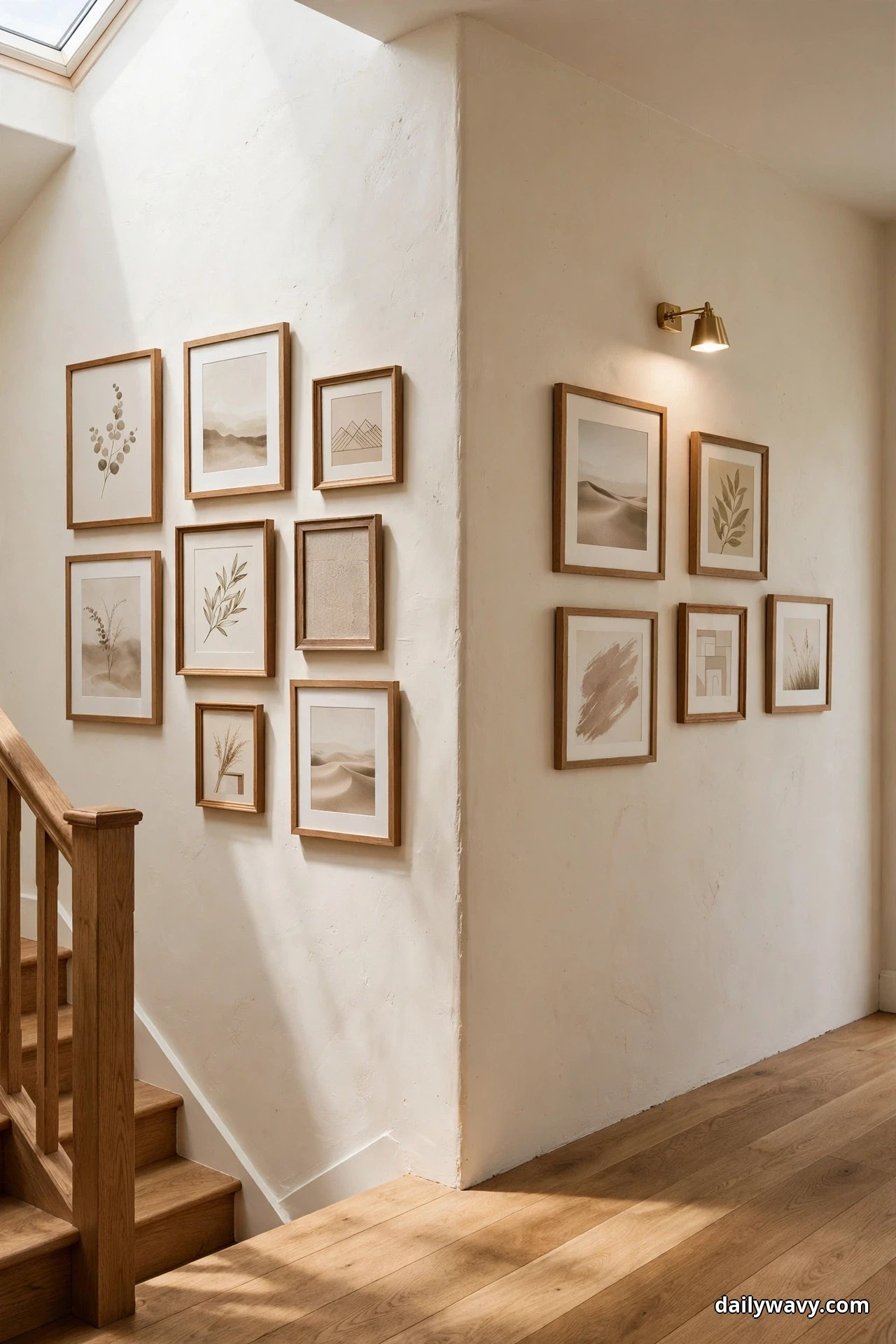 A gallery of oak-framed beige botanical and desert prints wraps around the corner from a stair wall onto a hallway wall, lit by a small brass picture light above the corner frames
