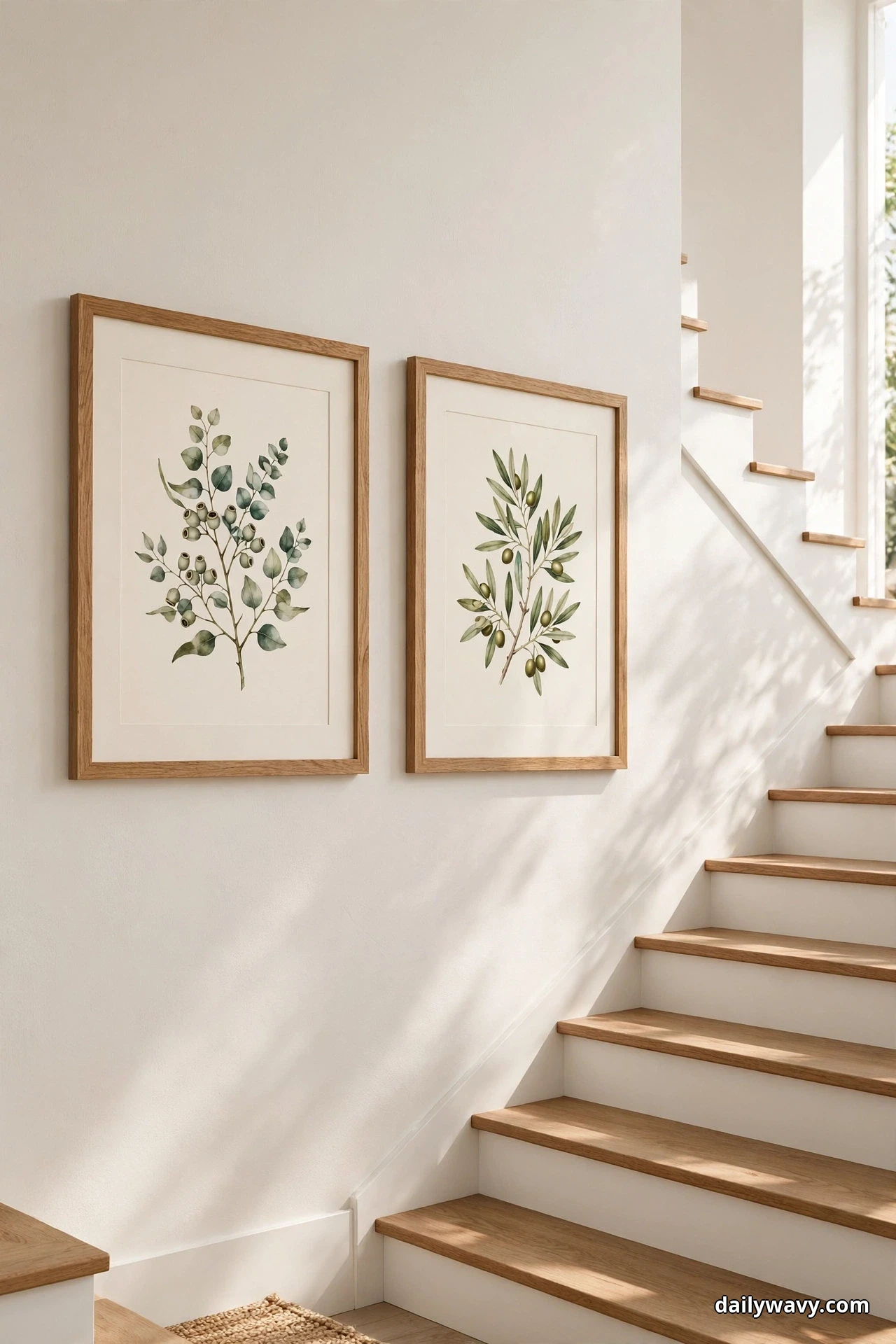 Two large oak-framed botanical prints, a eucalyptus sprig and an olive branch, hang side by side on a white wall beside a staircase with floating wood treads