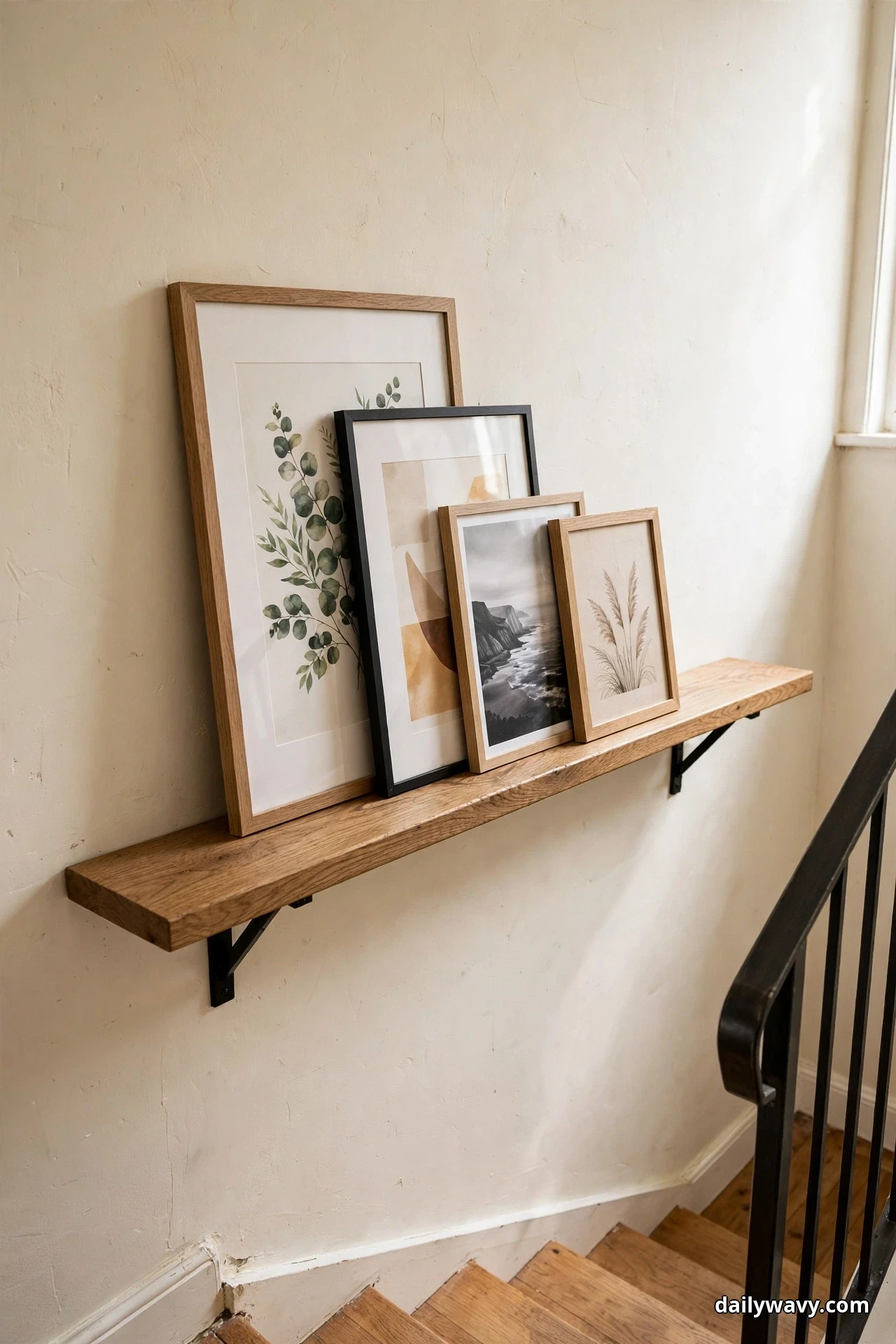 A thick oak picture ledge on black brackets holds four leaning frames with a eucalyptus print, an abstract print, a coastline photograph and a pampas grass print above a staircase with a black railing