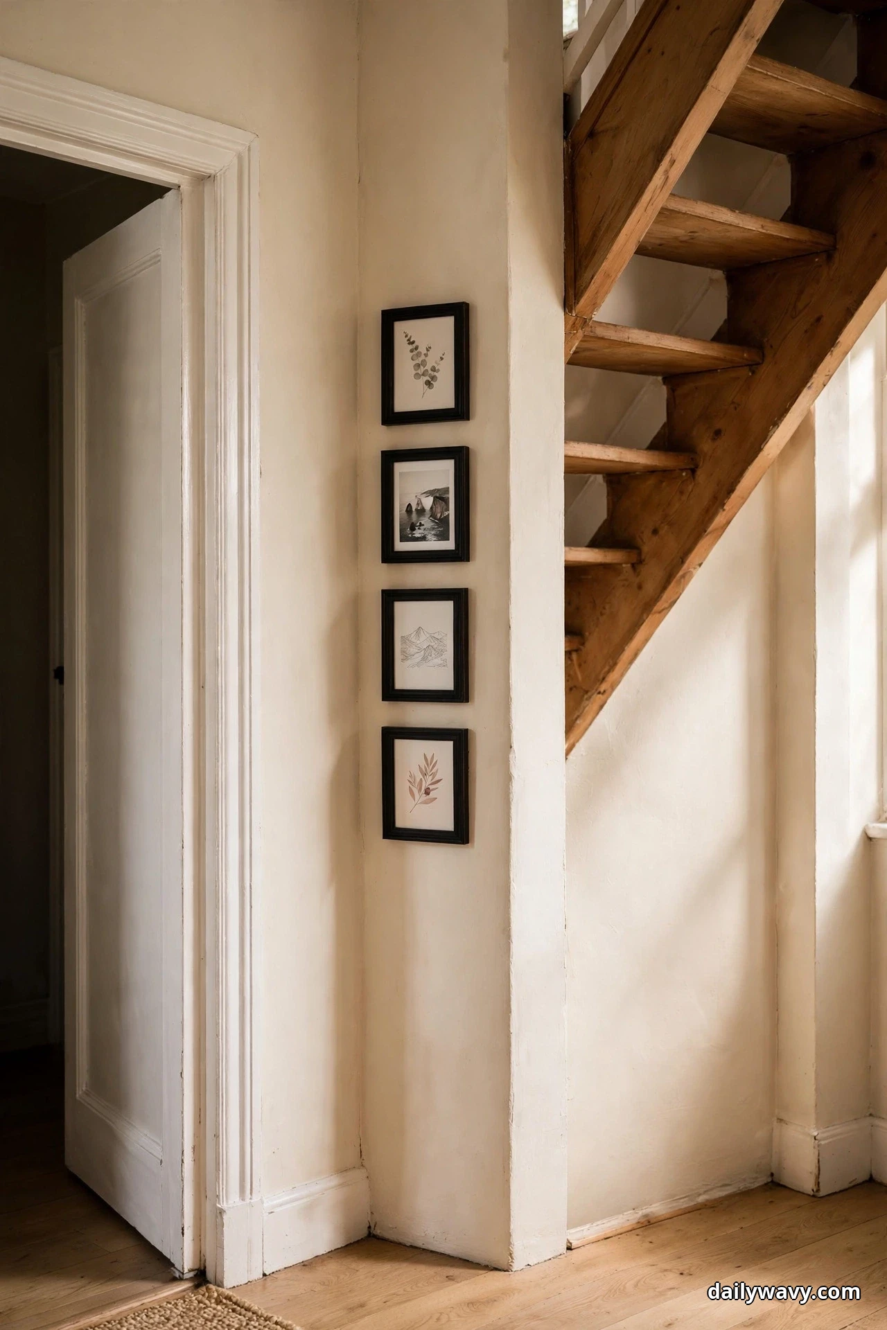 Four small black frames with botanical and landscape prints hang in a single vertical column on a narrow cream wall strip beside an open doorway, with a rustic wood stair stringer at the right