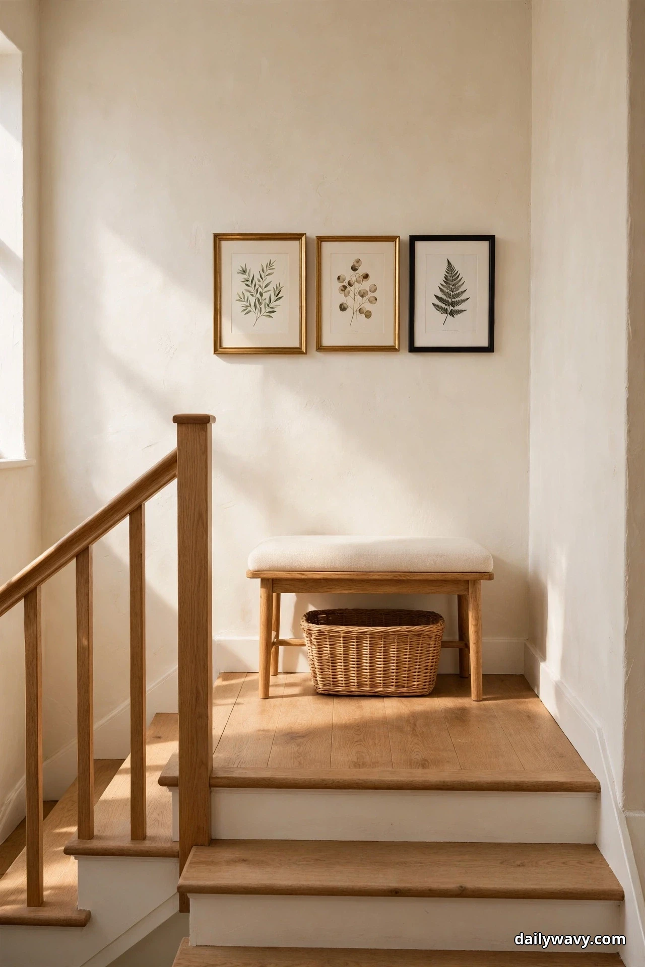 Three botanical prints in two brass frames and one black frame hang in a row above a cushioned oak bench on a stair landing, with a woven basket tucked underneath