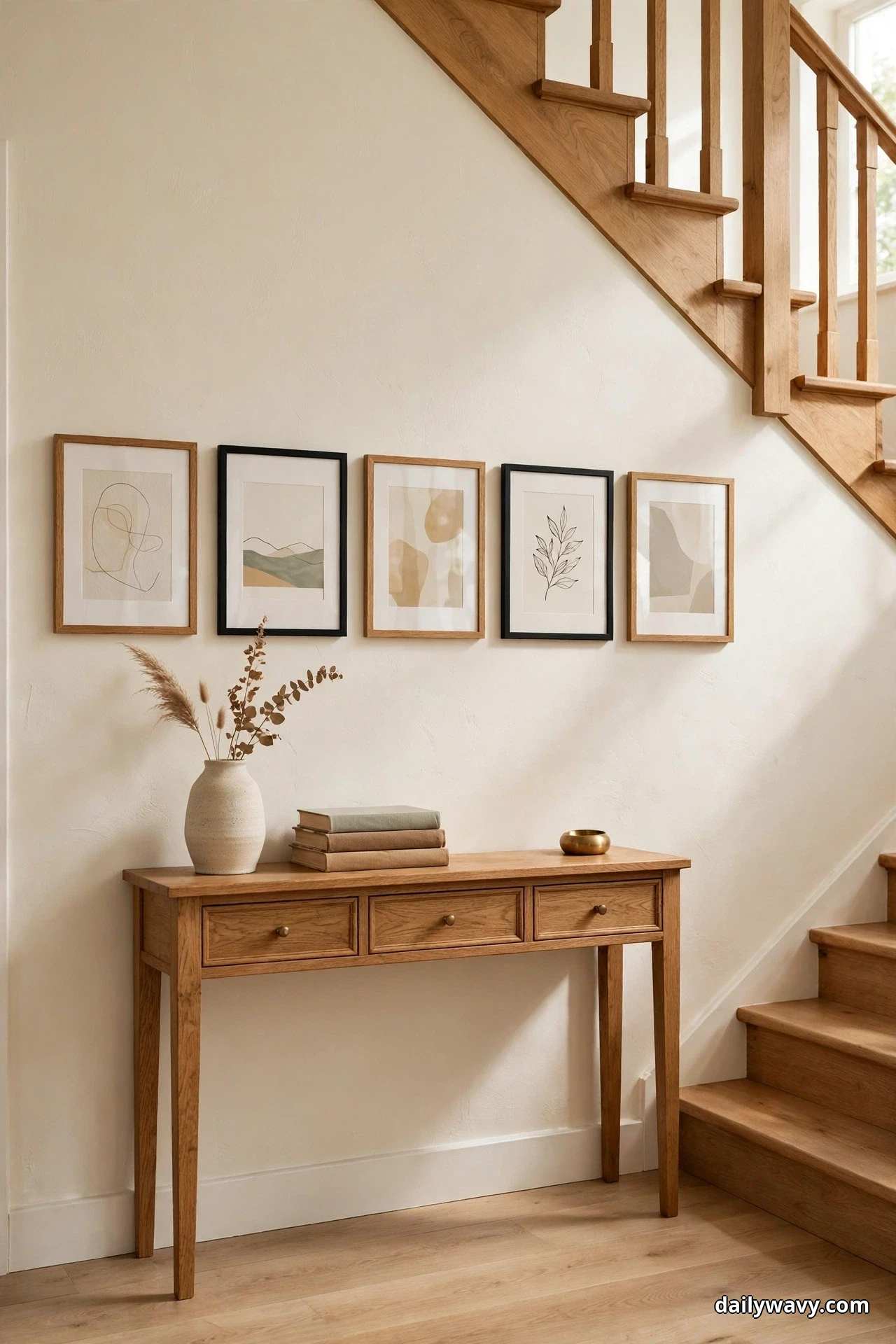 Five abstract and botanical prints in alternating oak and black frames hang in one row matched to the width of an oak console table at the foot of a staircase, with a stoneware vase of dried stems and stacked books on the table