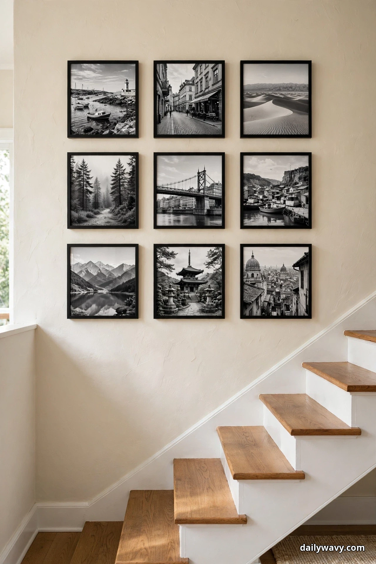 Nine identical black square frames form an even three-by-three grid of black-and-white travel photographs on a cream wall above a staircase with wood treads and white risers