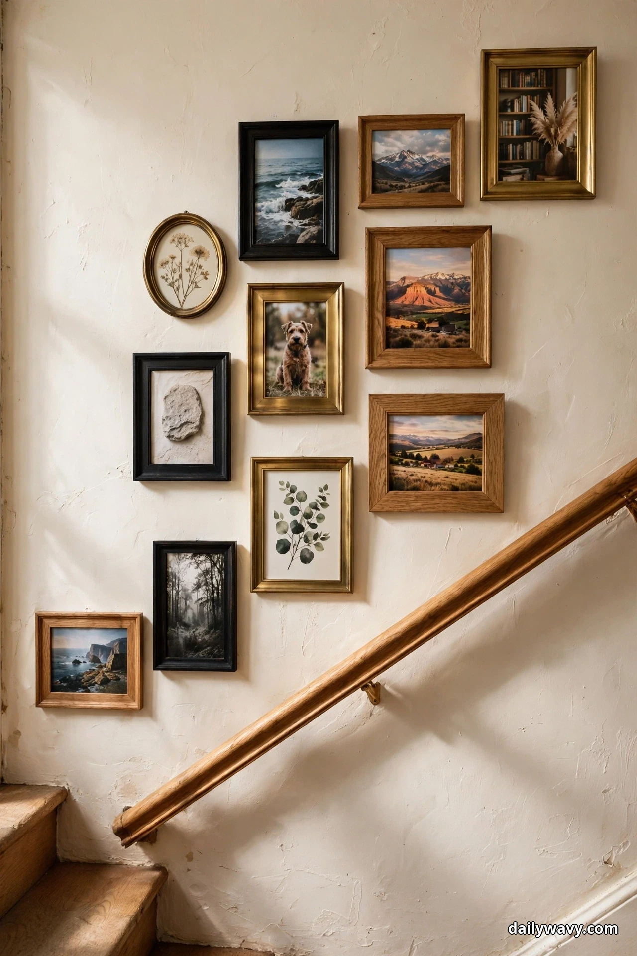 A loose cluster of eleven mixed oak, black and brass frames with landscape photographs, a dog portrait and a eucalyptus print climbs a textured cream stair wall above a wood handrail