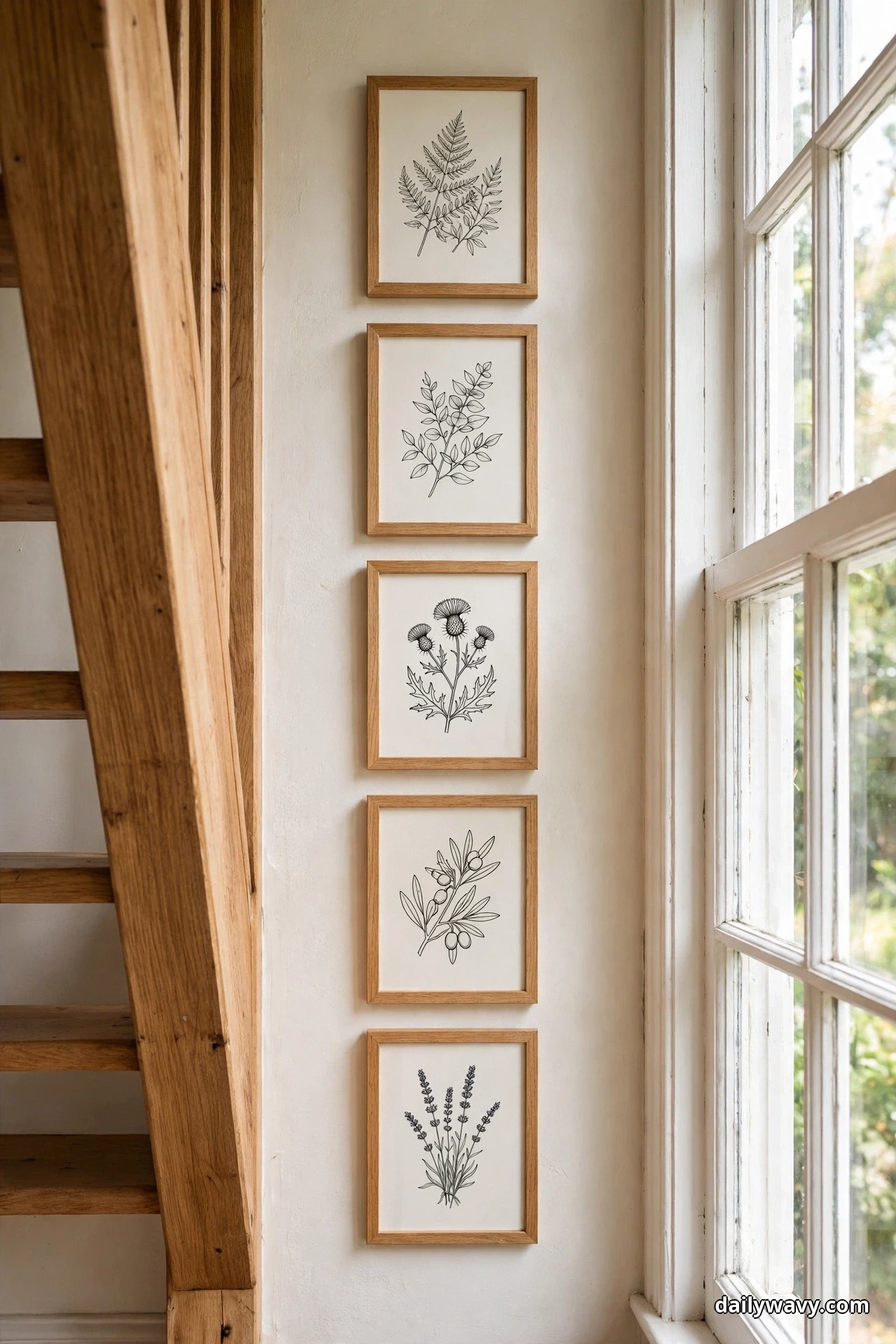 Five matching oak frames with botanical line drawings stack in a single vertical column on a narrow wall between a wood stair stringer and a tall white-framed window
