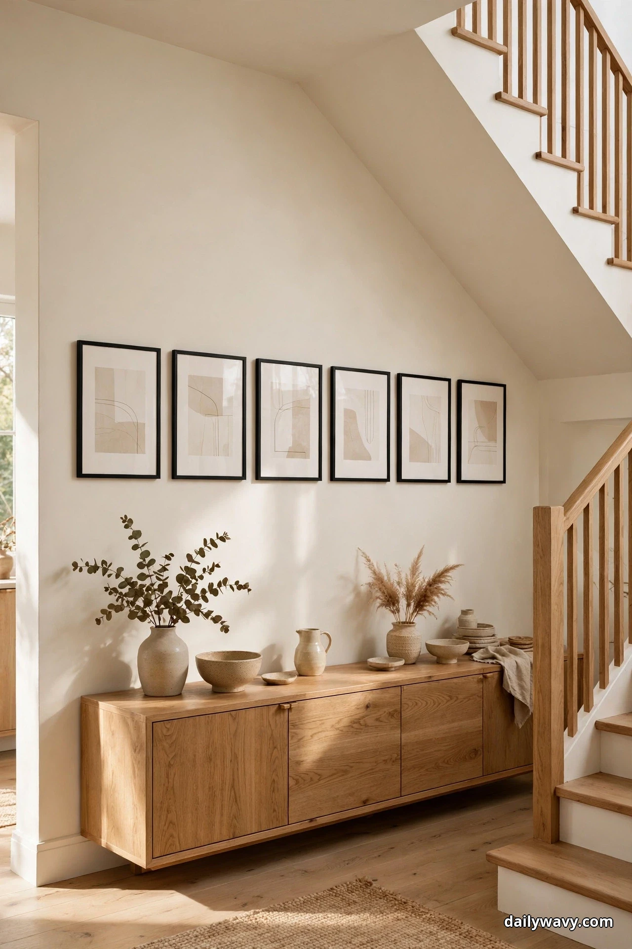 Six matching black frames with beige abstract line prints hang in one level row above a long oak sideboard with stoneware vases and bowls at the base of a staircase