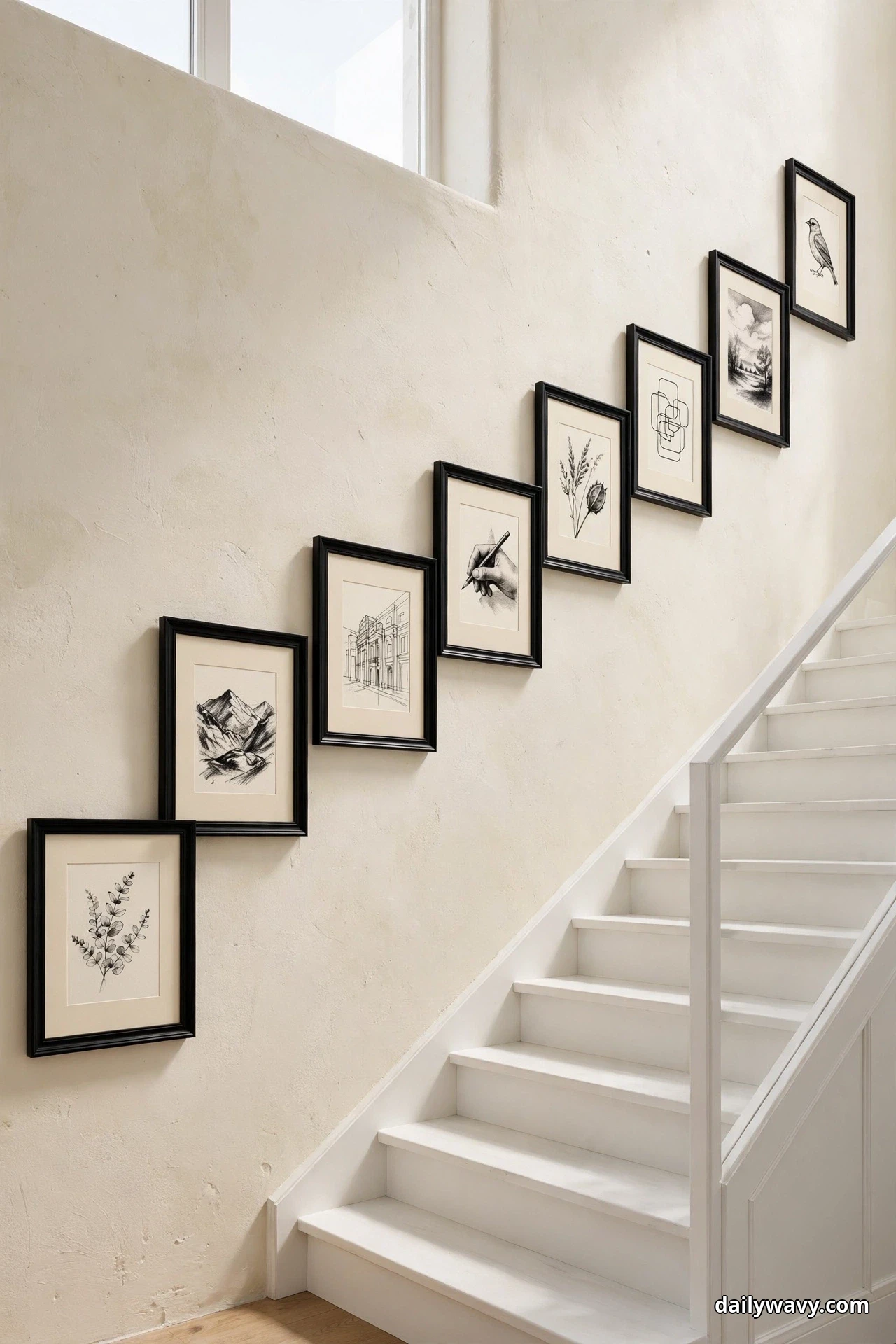 Eight black frames with cream mats hold black-and-white sketches and line drawings in a diagonal line stepping up a cream wall beside white painted stairs