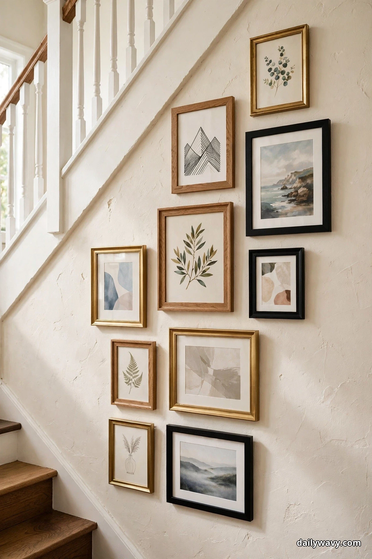 Ten mixed-size frames in oak, black and brass finishes hold botanical, coastal and abstract prints in a tight shared-spacing arrangement on the wall beneath a stair slope with white balusters