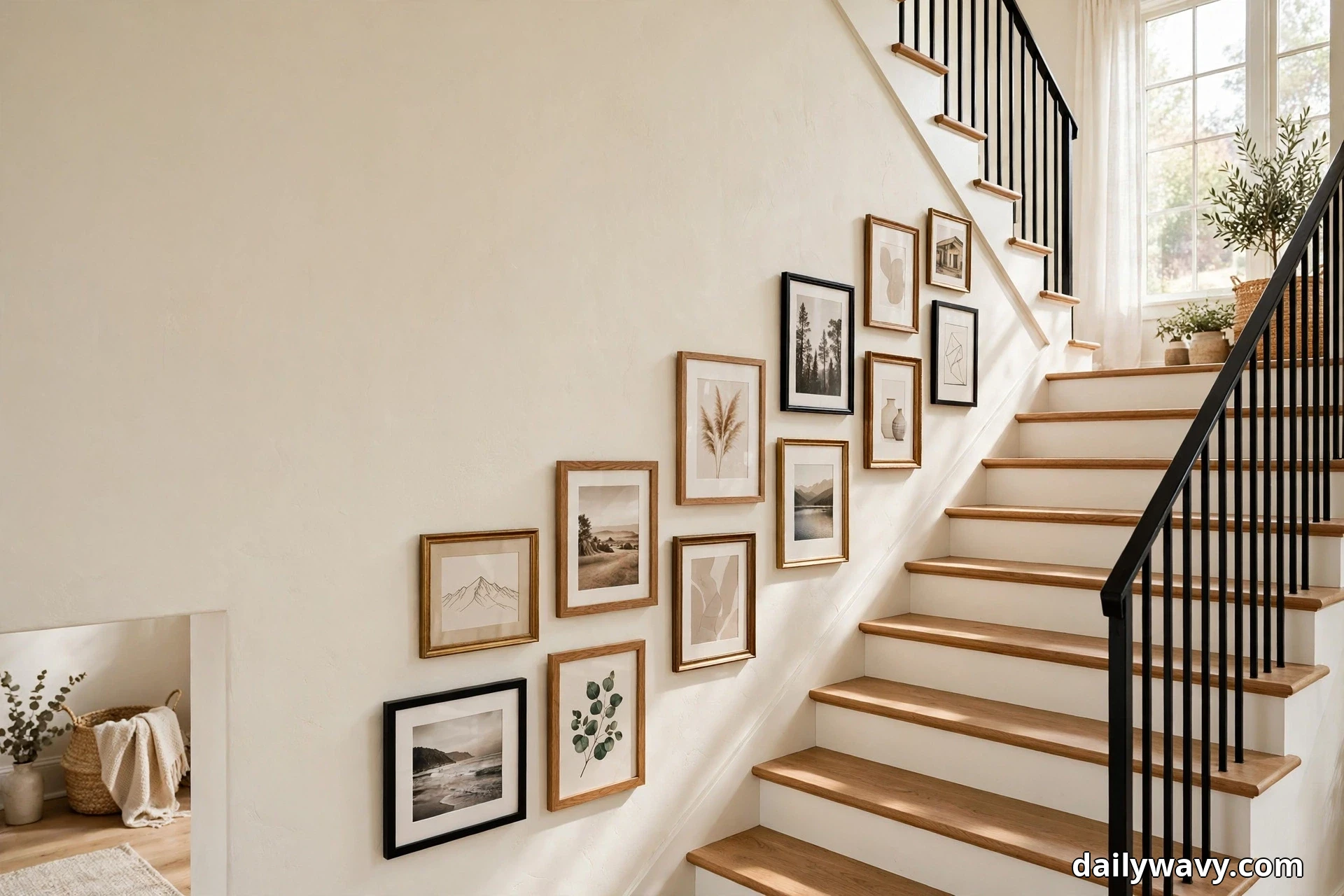 A wide view shows a gallery of mixed oak, black and brass frames with landscape and botanical prints climbing diagonally up a cream stair wall beside a wood staircase with a black metal railing, with a bright window and potted plants on the landing above