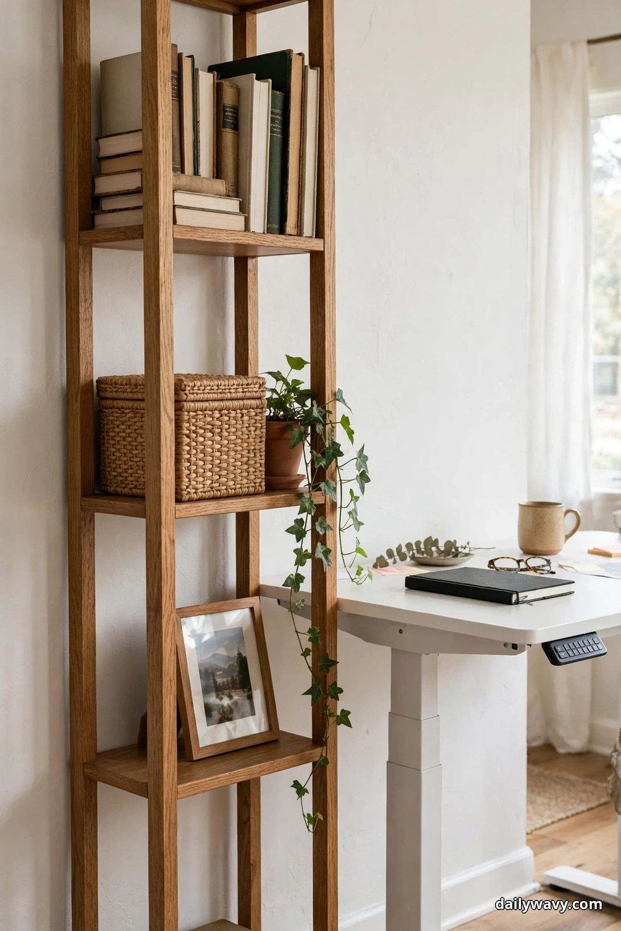 A tall narrow oak ladder bookcase holds books, a lidded woven basket, a trailing ivy in a terracotta pot and a framed landscape photo, standing beside the edge of a white standing desk with a notebook, glasses and a mug on its surface