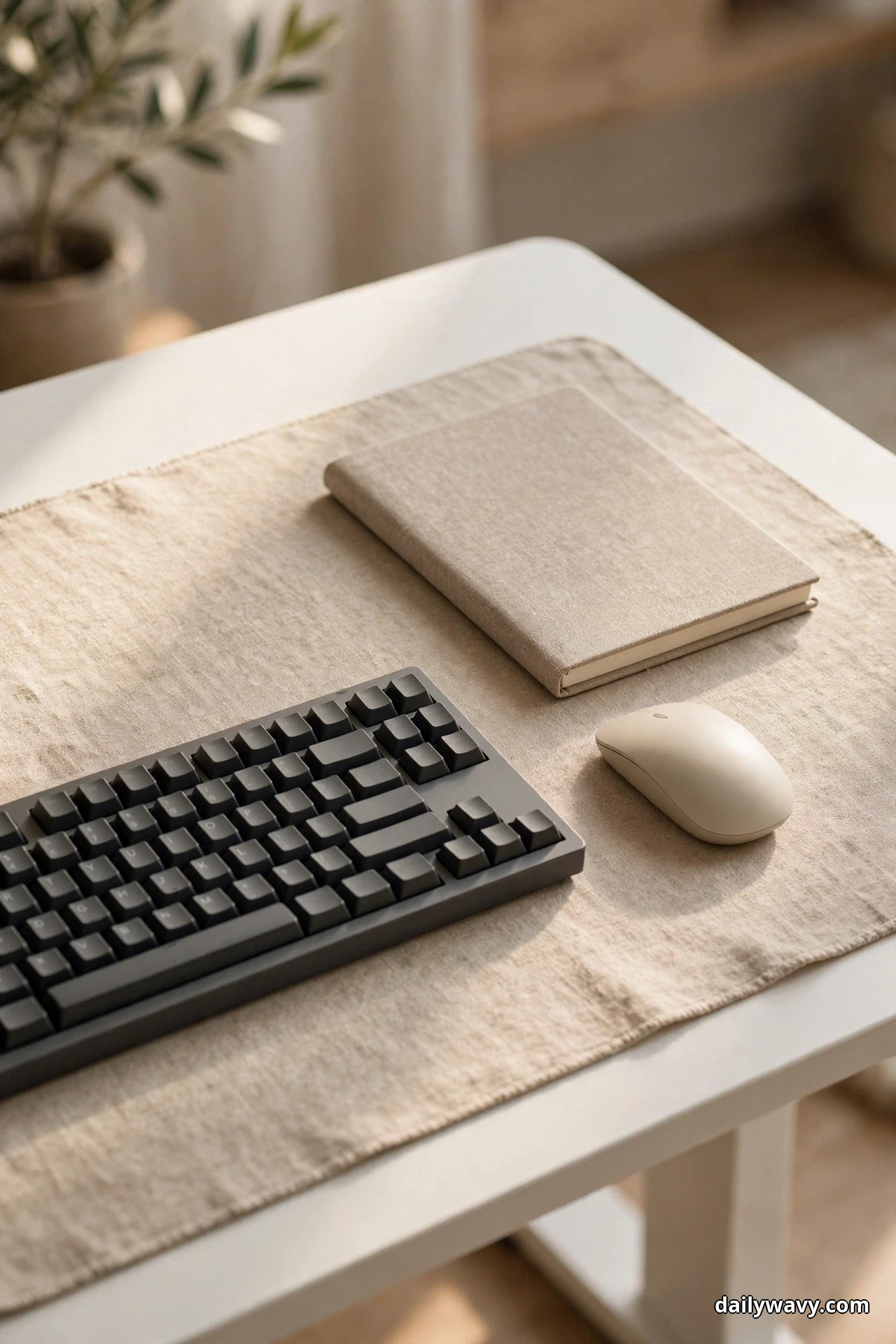 Seen up close, a beige linen desk mat on a white desktop holds a black keyboard and a cream wireless mouse in soft daylight