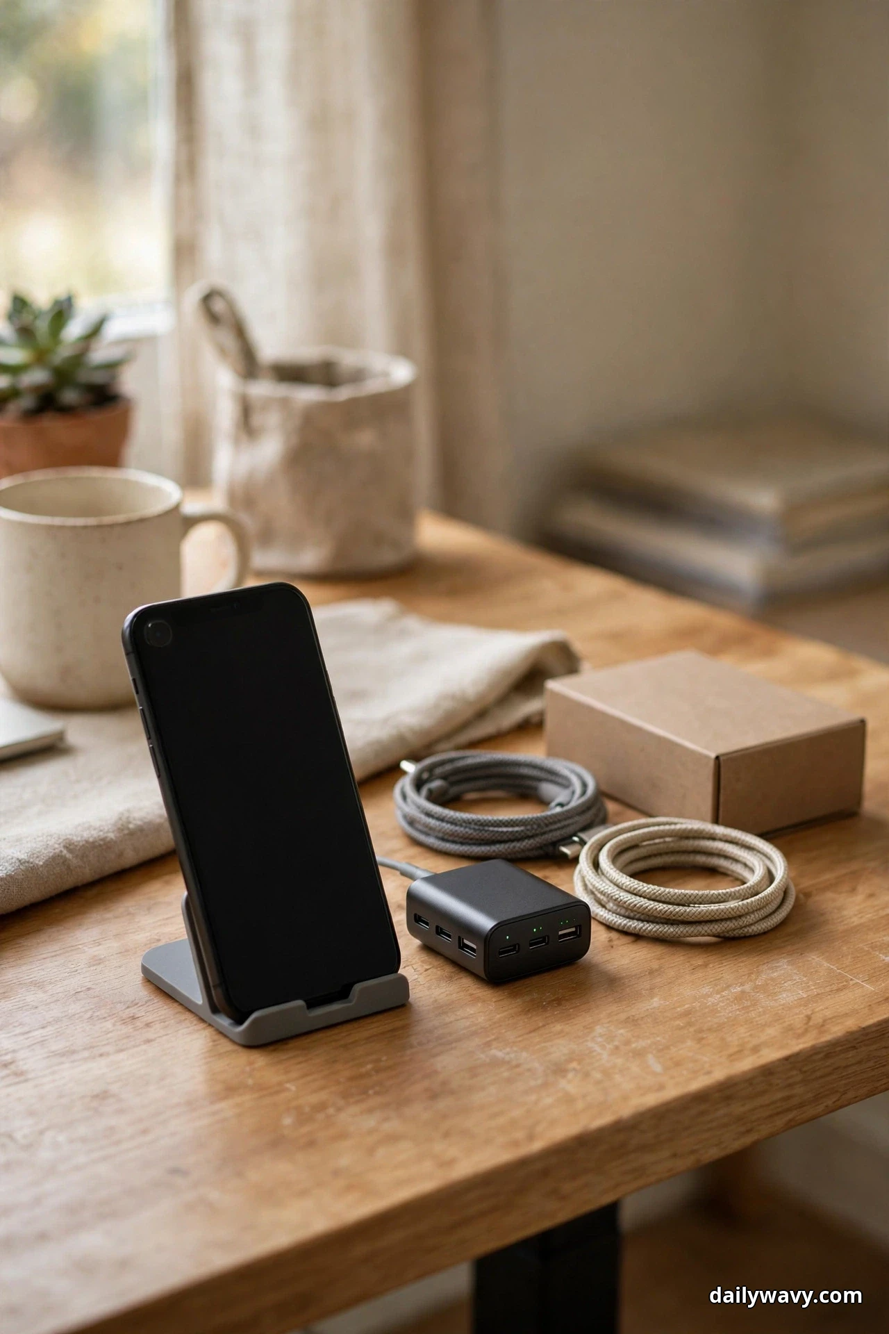 Seen up close, a phone rests on a small dock beside a black multi-port charger, two neatly coiled cables and a small closed box on a wood desktop