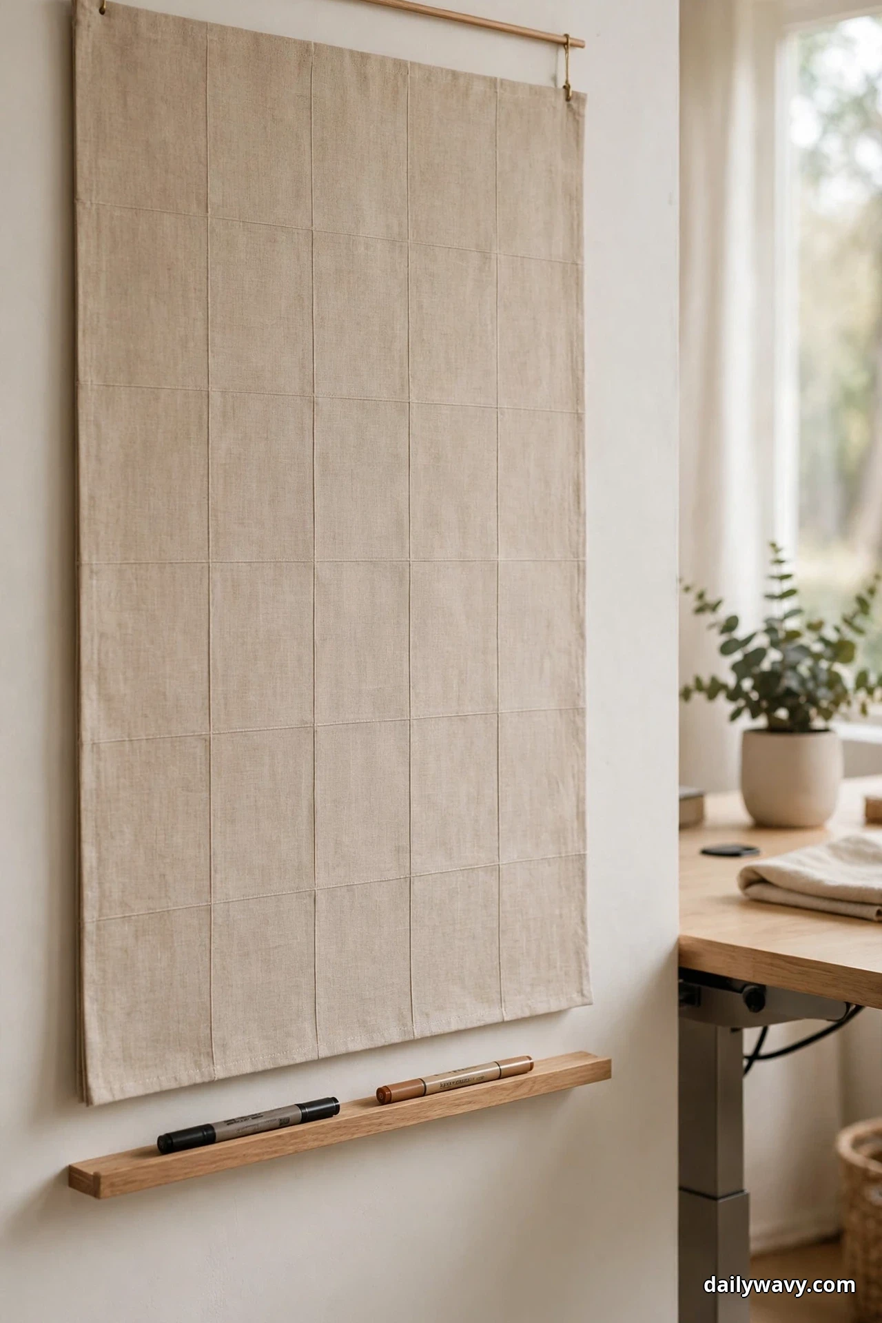 A large blank linen wall calendar with a stitched grid hangs from a wood rod on the wall beside a standing desk, above a slim wood pen ledge holding two markers