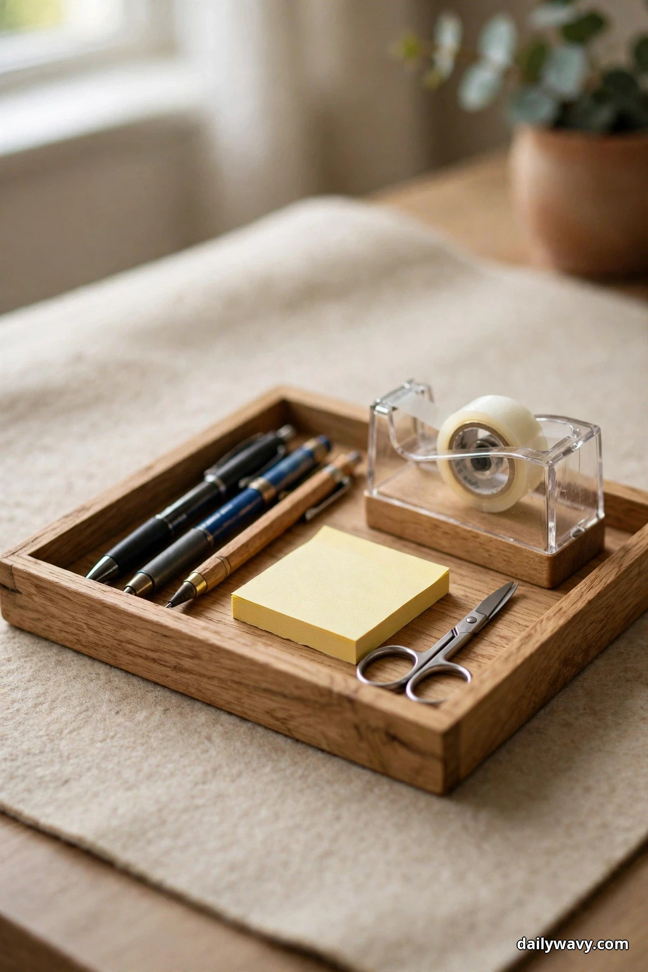 A low wooden tray on a cream desk mat holds three pens, a pad of yellow sticky notes, small scissors and a clear tape dispenser in one defined zone