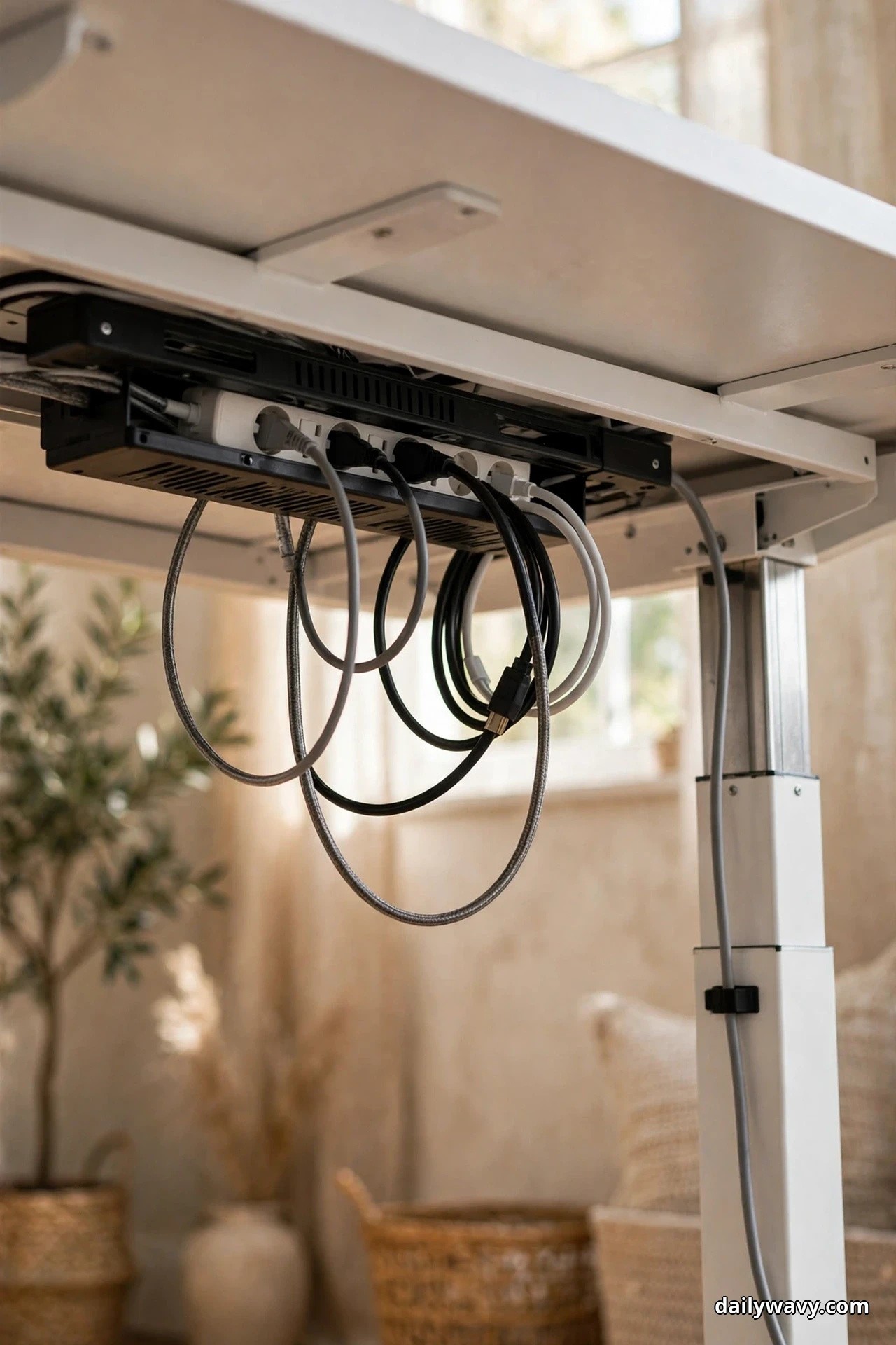 Seen from below, a black cable channel mounted under a white desktop holds a power strip with plugged-in cables hanging in loose service loops, and one cable clipped down the desk leg
