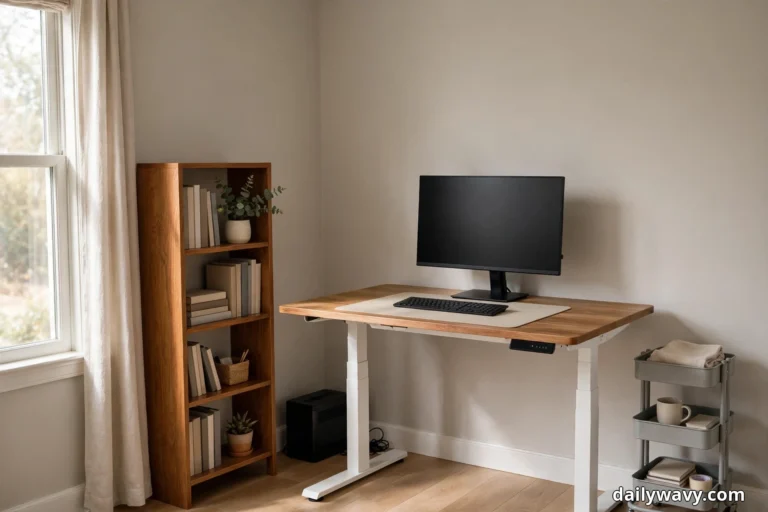 A wood-top standing desk with white legs holds a monitor and a keyboard on a cream desk mat, with a tall narrow wood bookcase of books and potted plants at its left side and a gray three-tier rolling cart at its right side, beside a curtained window