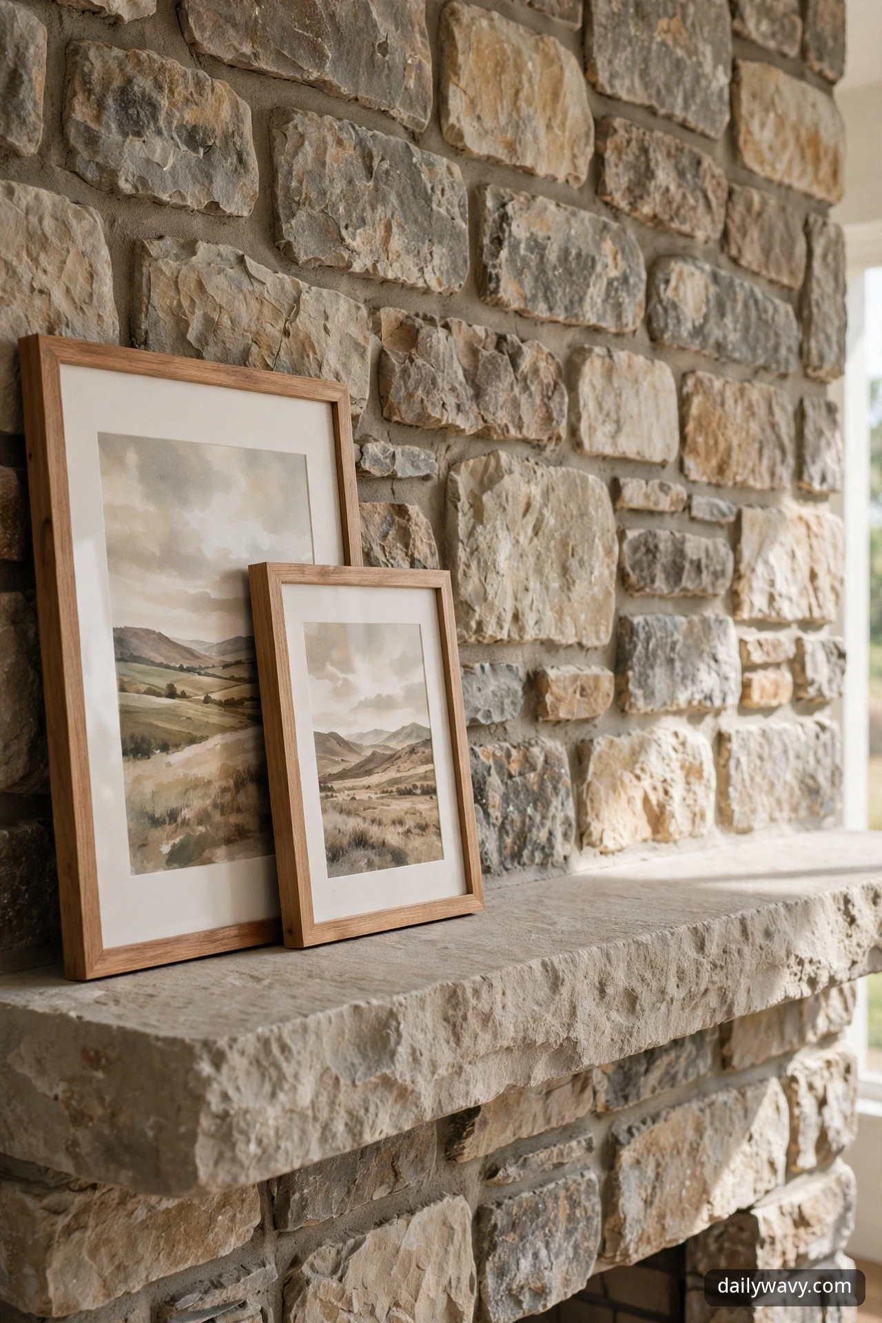 Two wooden-framed landscape prints leaned overlapping on a stone mantel, with the rest of the shelf left empty