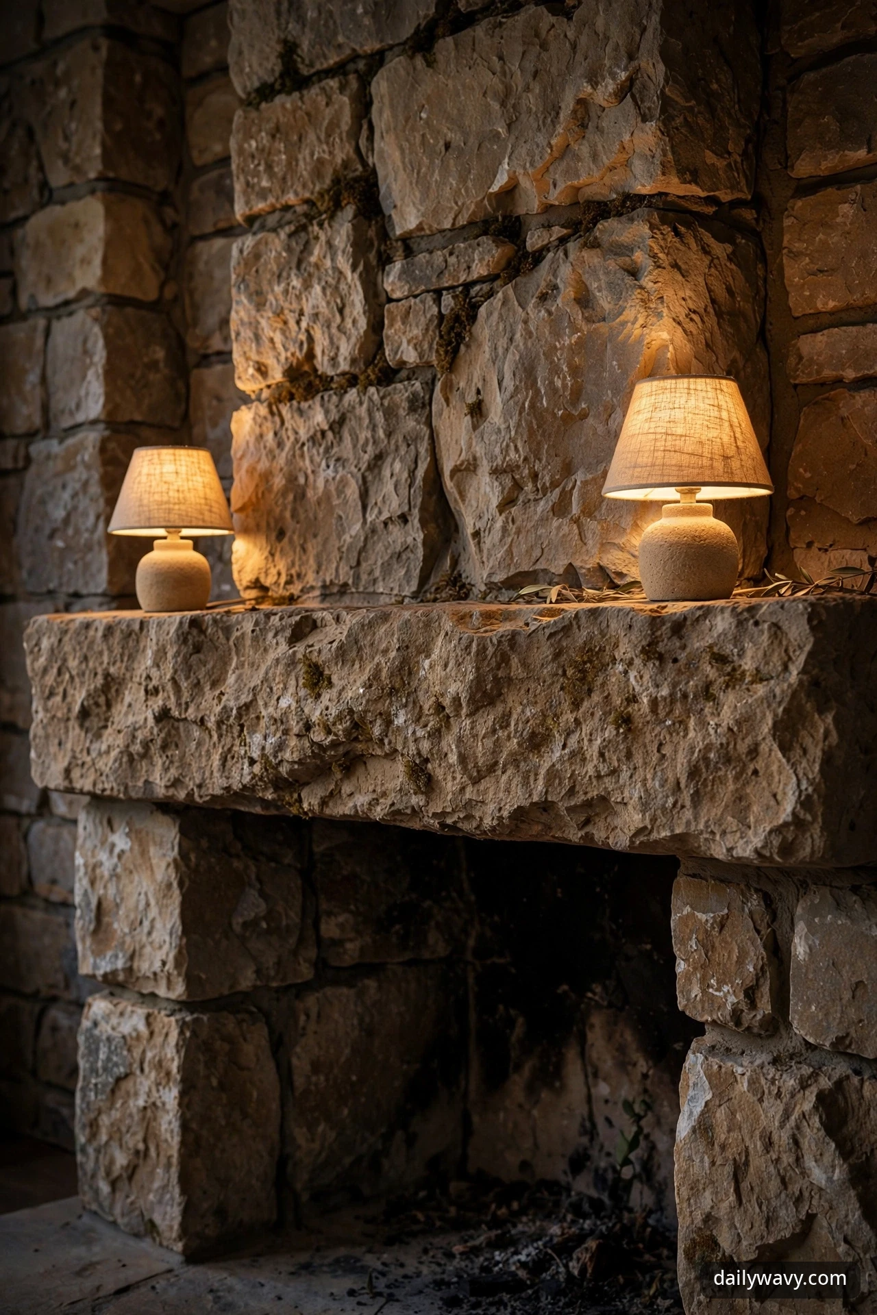 Pair of small matching lamps with woven shades glowing on a thick rough stone mantel in the evening