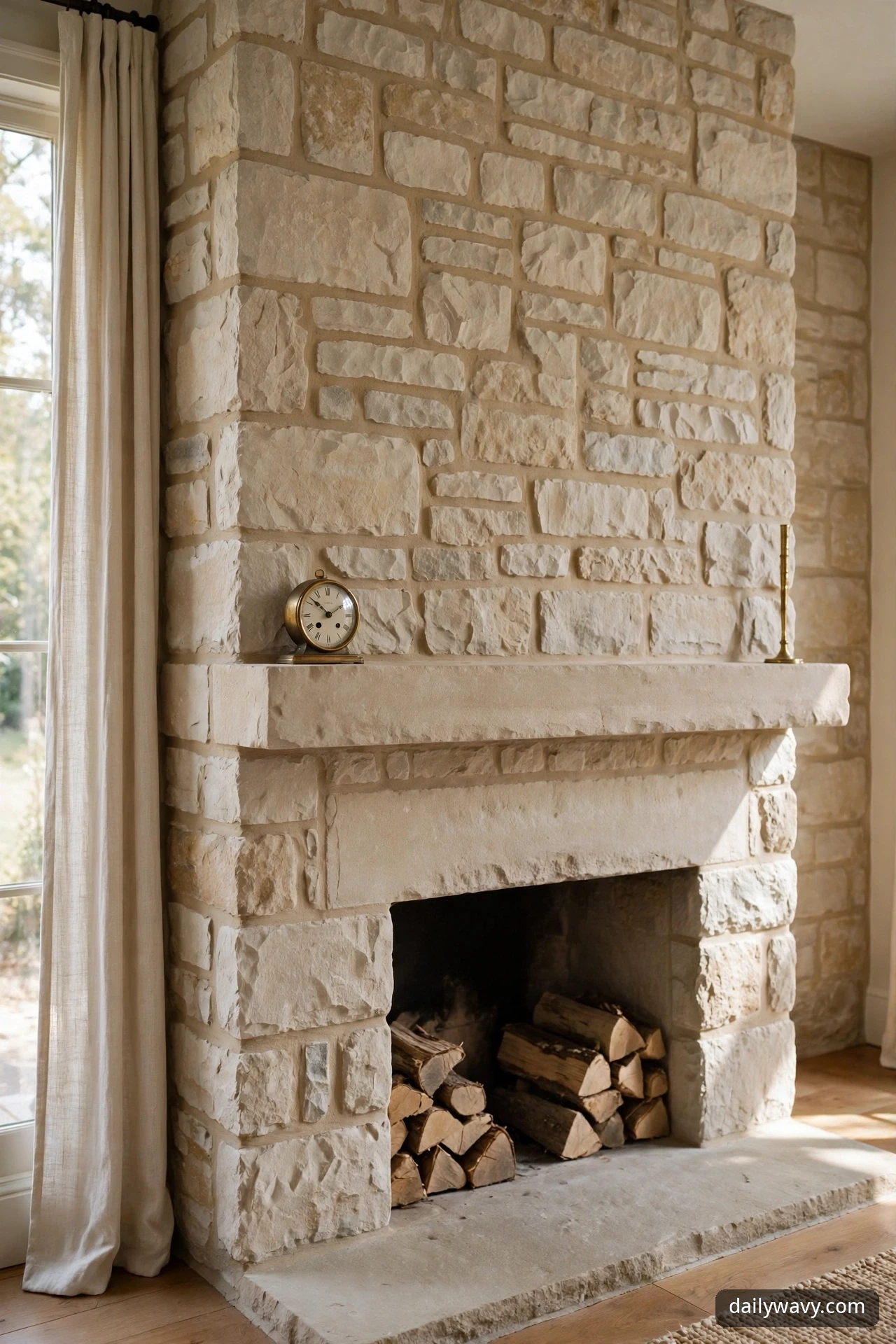 Small brass mantel clock balanced by a tall thin brass candlestick across the empty middle of a light stone mantel